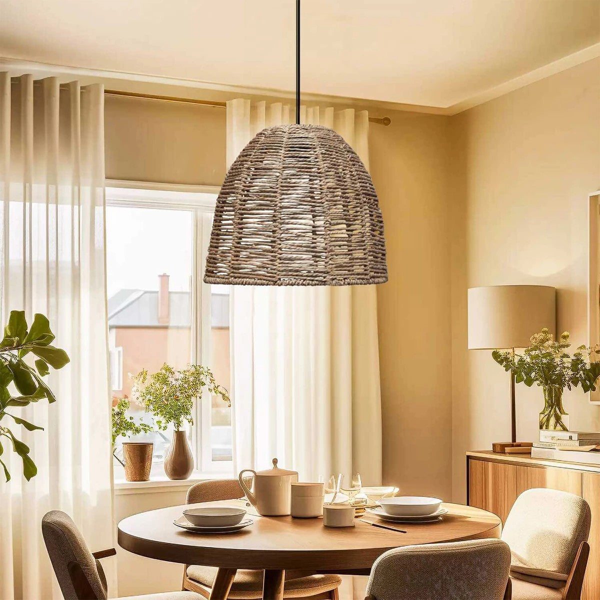GloboStar® MEKA 204-0162 Boho Κρεμαστό Φωτιστικό Καμπάνα Μονόφωτο 1 x E27 IP20 Καφε Σχοινί - Μ31 x Π31 x Υ26cm - ledmania.gr