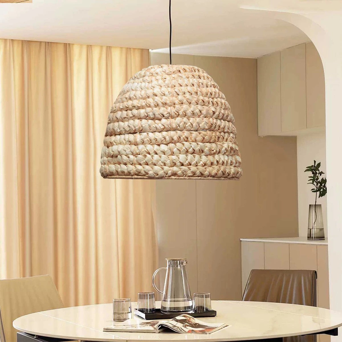 GloboStar® MEKA 204-0163 Boho Κρεμαστό Φωτιστικό Καμπάνα Μονόφωτο 1 x E27 IP20 Μπεζ Rattan - Μ30 x Π30 x Υ25cm - ledmania.gr