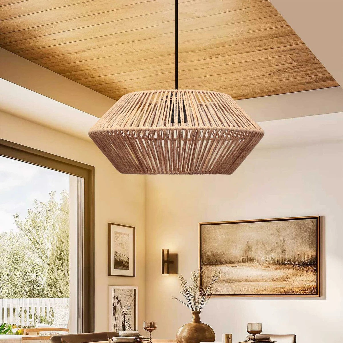 GloboStar® CASTRO 204-0164 Boho Κρεμαστό Φωτιστικό Kαπέλο Μονόφωτο 1 x E27 IP20 Μπεζ Σχοινί - Μ32 x Π32 x Υ13cm - ledmania.gr