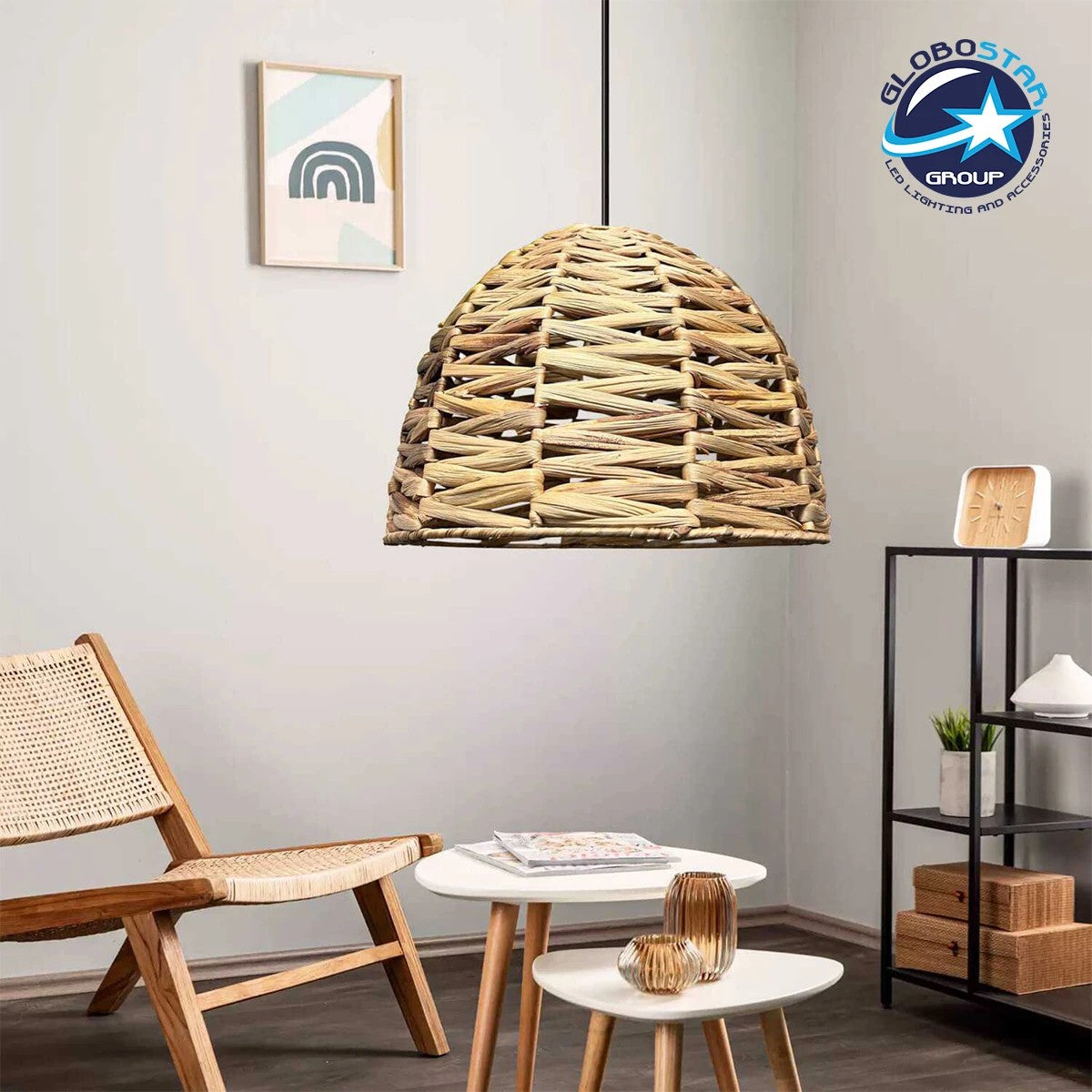 GloboStar® MEKA 204-0165 Boho Κρεμαστό Φωτιστικό Καμπάνα Μονόφωτο 1 x E27 IP20 Μπεζ Rattan - Μ30 x Π30 x Υ25cm - ledmania.gr