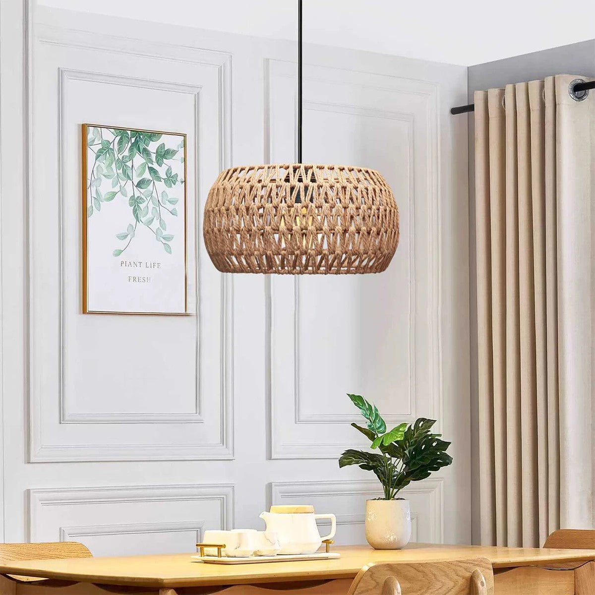 GloboStar® DARIO 204-0168 Boho Κρεμαστό Φωτιστικό Kαπέλο Μονόφωτο 1 x E27 IP20 Καφέ Σχοινί - Μ30 x Π30 x Υ15cm - ledmania.gr