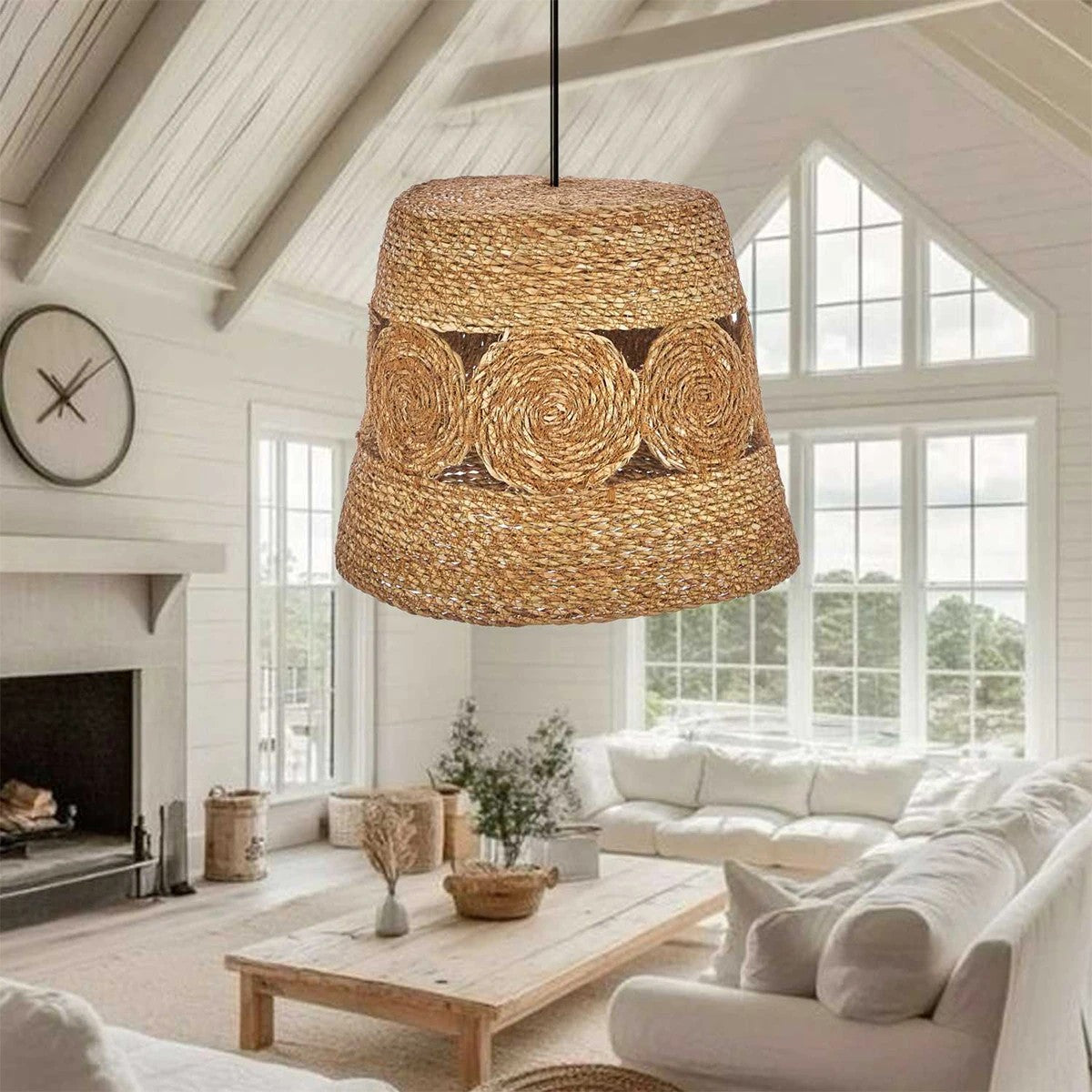 GloboStar® PANIER 204-0170 Boho Κρεμαστό Φωτιστικό Καμπάνα Μονόφωτο 1 x E27 IP20 Μπεζ Σχοινί - Μ32 x Π32 x Υ30cm - ledmania.gr