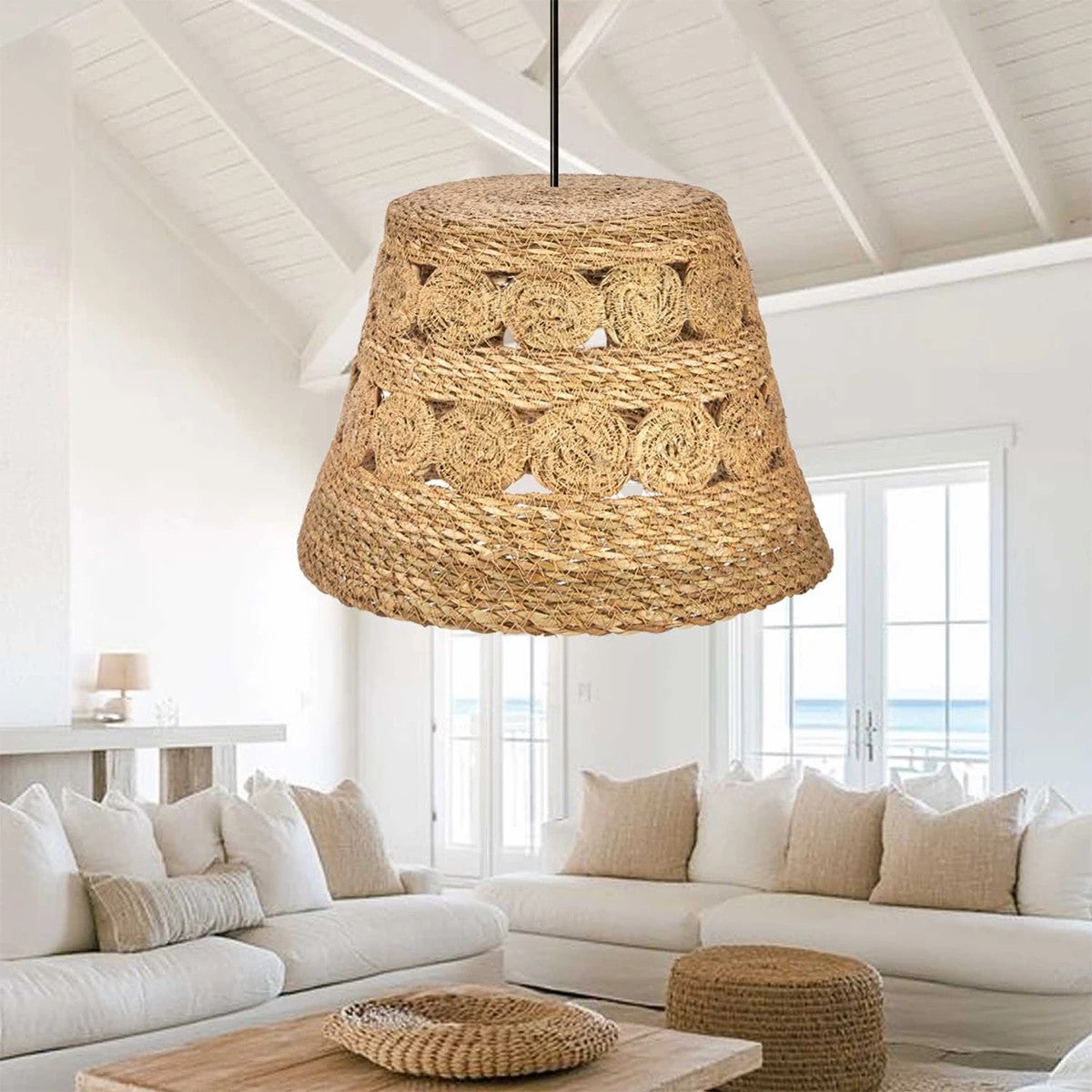 GloboStar® PANIER 204-0171 Boho Κρεμαστό Φωτιστικό Καμπάνα Μονόφωτο 1 x E27 IP20 Μπεζ Σχοινί - Μ32 x Π32 x Υ30cm - ledmania.gr