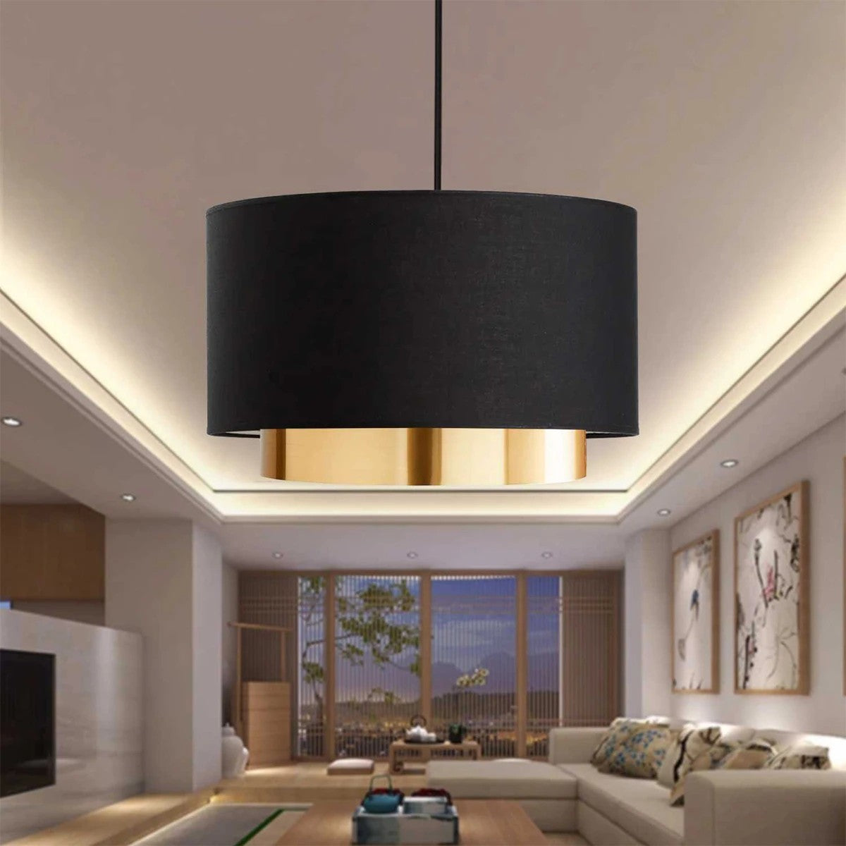GloboStar® BASIL 204-0174 Μοντέρνο Κρεμαστό Φωτιστικό Kαπέλο Μονόφωτο 1 x E27 IP20 Μαύρο & Χρυσό Ύφασμα - Μ30 x Π30 x Υ20cm - ledmania.gr