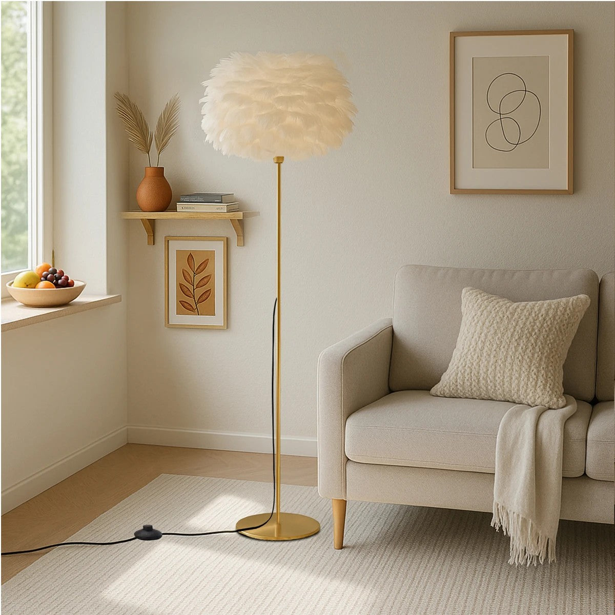 GloboStar® ALES 204-0192 Μοντέρνο Φωτιστικό Δαπέδου  Μονόφωτο 1 x E27 AC 220-240V IP20 Μπεζ & Χρυσό - Μ40 x Π40 x Υ150cm - ledmania.gr