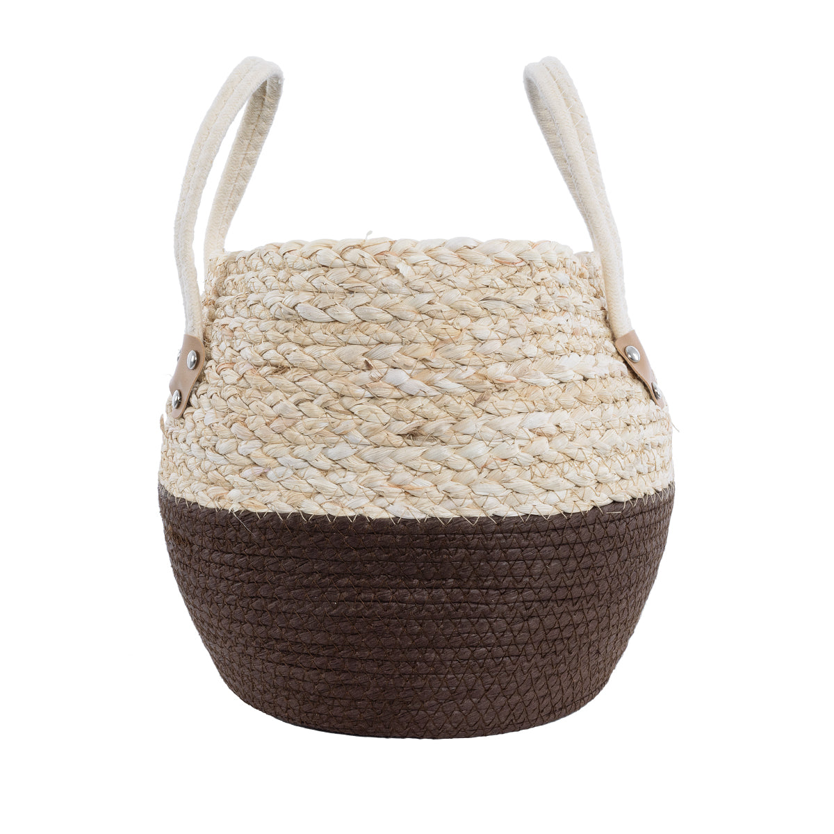 GloboStar® Artificial Garden CAROLINA 20579 Διακοσμητικό Πλεκτό Κασπώ Γλάστρα - Flower Pot Μπεζ με Καφέ και Λευκό Φ27 x Υ26cm - ledmania.gr