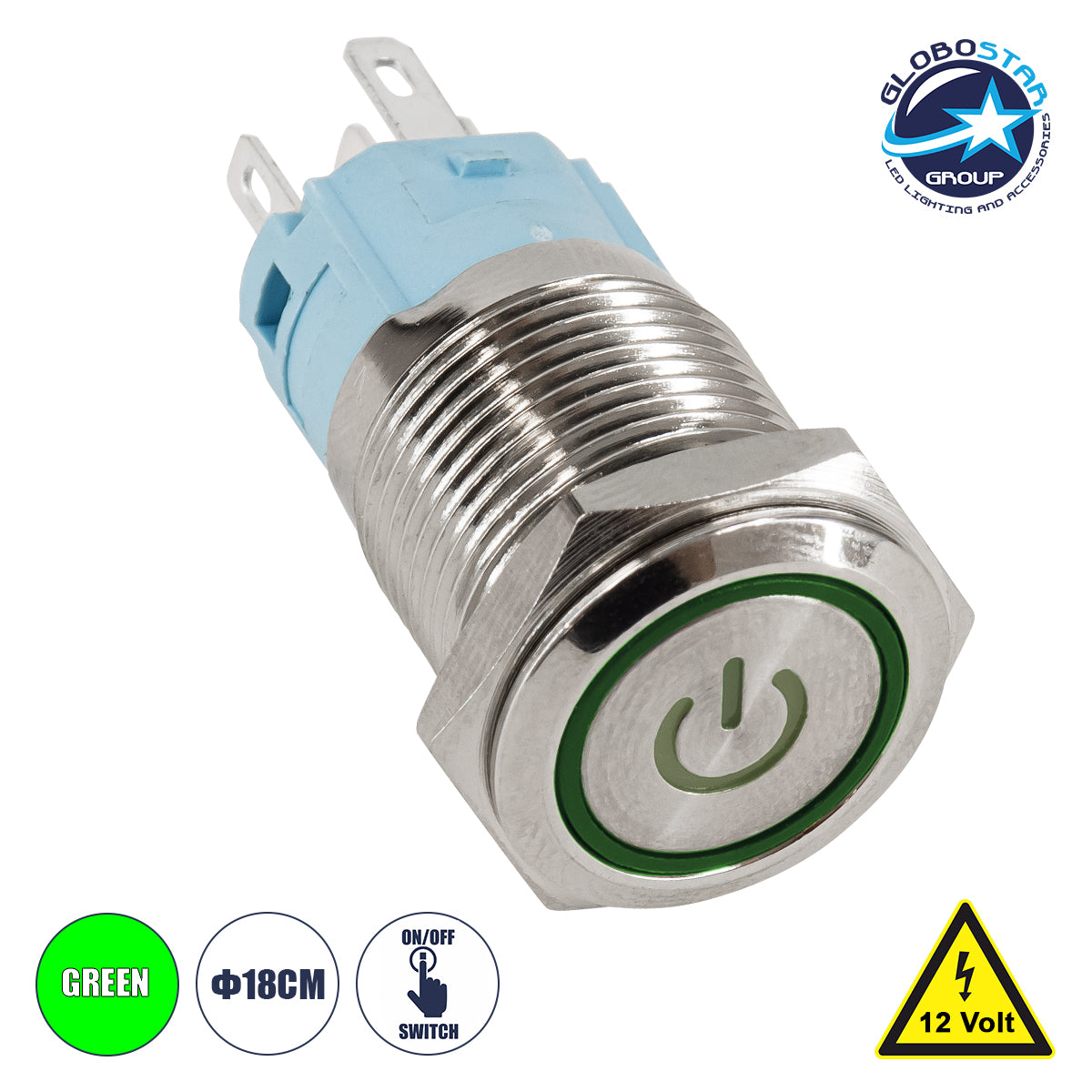GLOBOSTAR® BUTTON 70782 Φωτιζόμενος Χωνευτός Διακόπτης On/Off LED DC 12V 1 x 3A 690W Max Αδιάβροχο IP65 Πράσινο - Μ1.8 x Π1.8 x Υ2cm - ledmania.gr