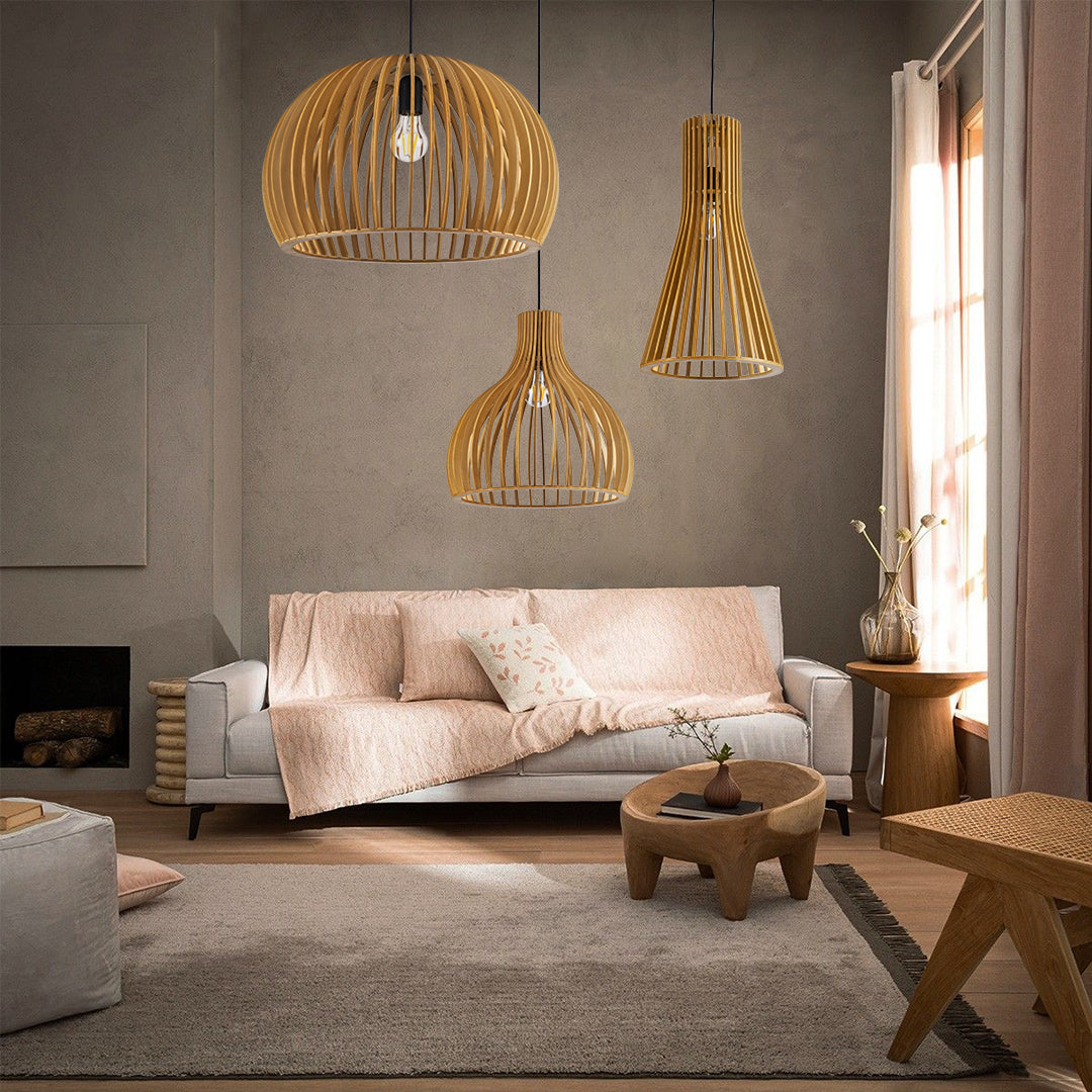 GloboStar® SCANDINAVIA 01701 Μοντέρνο Κρεμαστό Φωτιστικό Πλέγμα Μονόφωτο 1 x E27 IP20 Μπεζ Ξύλο Μ45 x Π45 x Y45cm - ledmania.gr