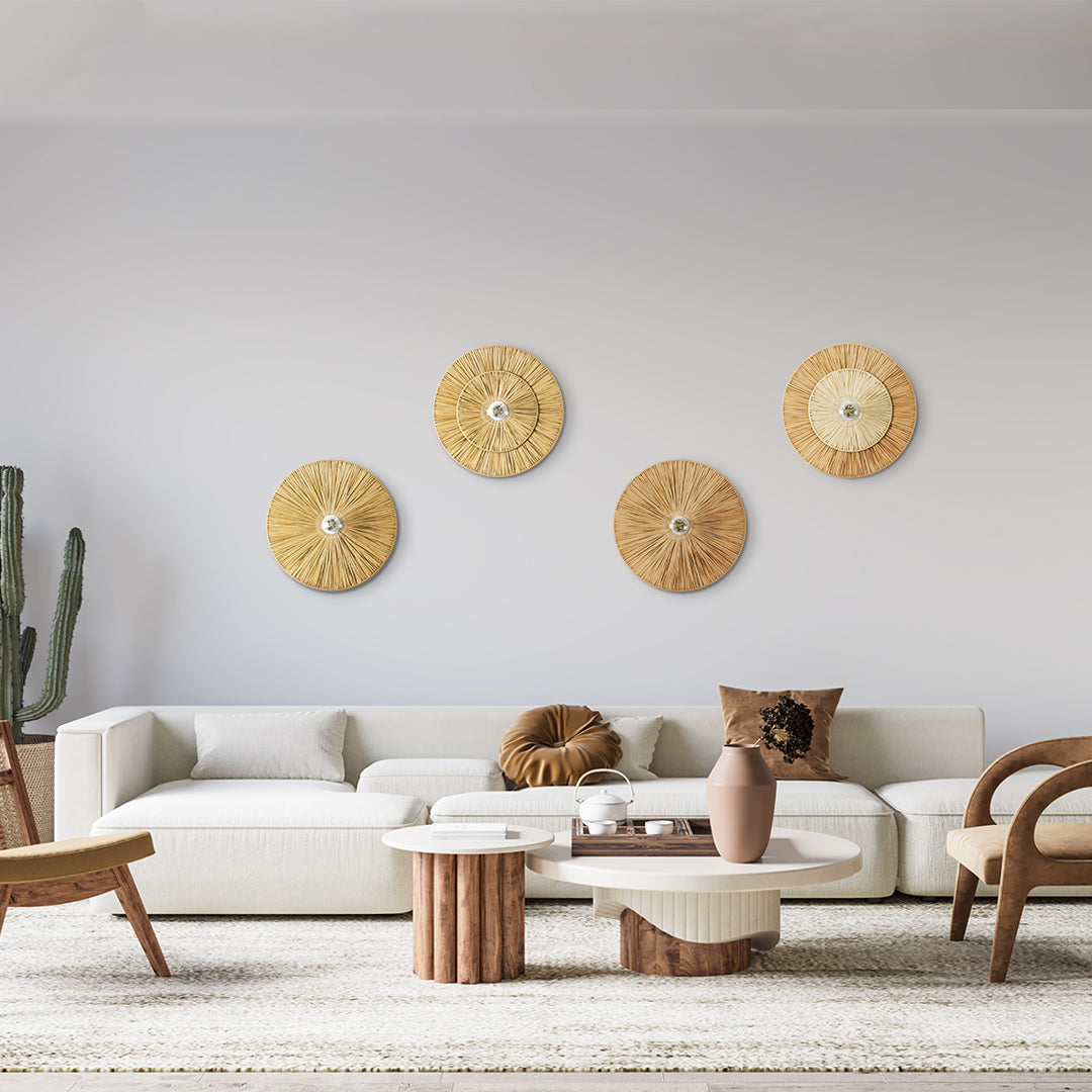 GloboStar® COLOMBO 02277 Boho Φωτιστικό Τοίχου - Απλίκα Μονόφωτο 1 x E27 AC 220-240V IP20 - Φ40 x Υ9cm - Μπεζ Καφέ Φυσική Ράφια Άχυρο Πλέγμα - ledmania.gr