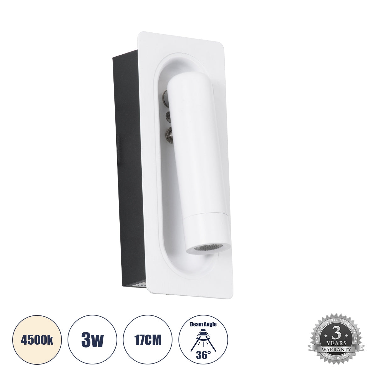 GloboStar® MANHATTAN 61098 Μοντέρνο Χωνευτό Φωτιστικό Τοίχου - Απλίκα Ξενοδοχείου Bed Side LED 3W 405lm 36° AC 220-240V - Reading Light - Μ7 x Π7 x Υ17cm - Φυσικό Λευκό 4500K - Λευκό - ledmania.gr