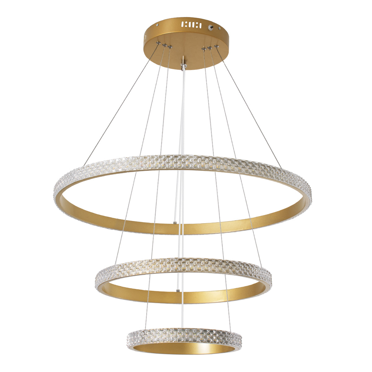 GLOBOSTAR® DIAMOND TRIO 61137 Μοντέρνο Κρεμαστό Φωτιστικό Οροφής LED 100W 12123lm 360° AC 220-240V IP20 Ρυθμιζόμενο Λευκό CCT με Χειριστήριο από 2700K έως 6000K Dimmable - Lumileds SMD Chip - Χρυσό Βούρτσας - Μ60 x Π60 x Υ60cm - 3 Χρόνια Εγγύηση - ledmania.gr