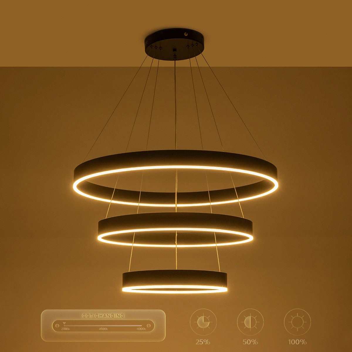 GLOBOSTAR® VENOM TRIO 61188 Μοντέρνο Κρεμαστό Φωτιστικό Οροφής LED 120W 14158lm 120° AC 220-240V IP20 Ρυθμιζόμενο Λευκό CCT με Χειριστήριο από 2700K έως 6000K Dimmable - Lumileds SMD Chip - Μαύρο Ματ - Μ80 x Π80 x Υ60cm - 3 Χρόνια Εγγύηση