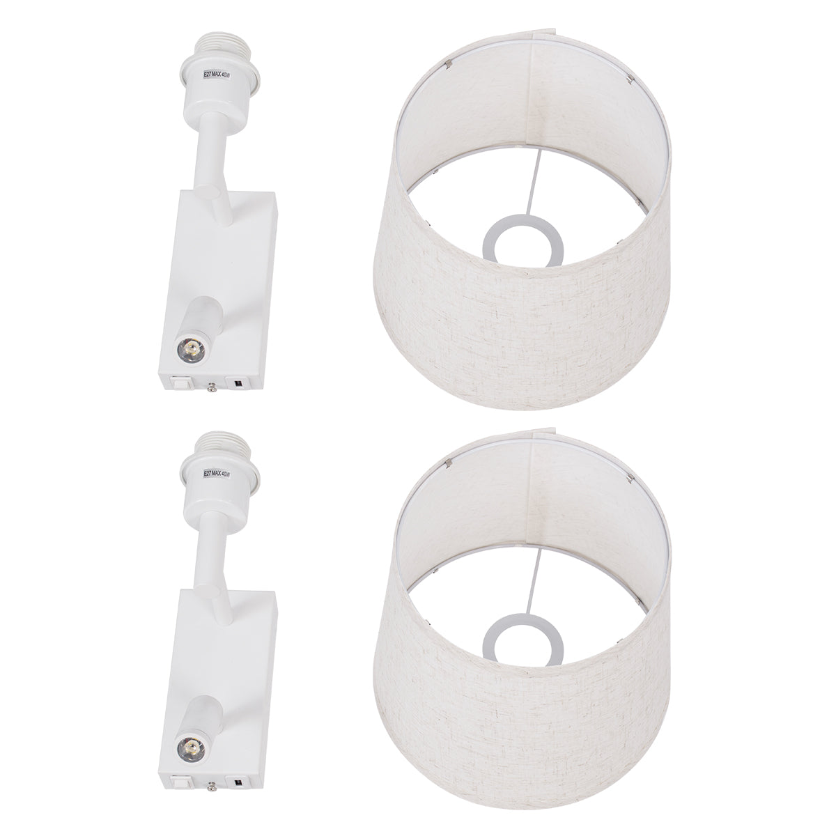 GloboStar® ROULETTE-R 61380 Μοντέρνο Φωτιστικό Τοίχου - Απλίκα Ξενοδοχείου Bed Side LED 3W 360lm & 1 x E27 36° & 360° AC 220-240V - Reading Up/Down Light - Φορτιστής USB 3A - Μ22 x Π23.5 x Υ37cm - Φυσικό Λευκό 4500K - Λευκό με Μπεζ Καπέλο - Σετ 2 Τεμαχίων - ledmania.gr
