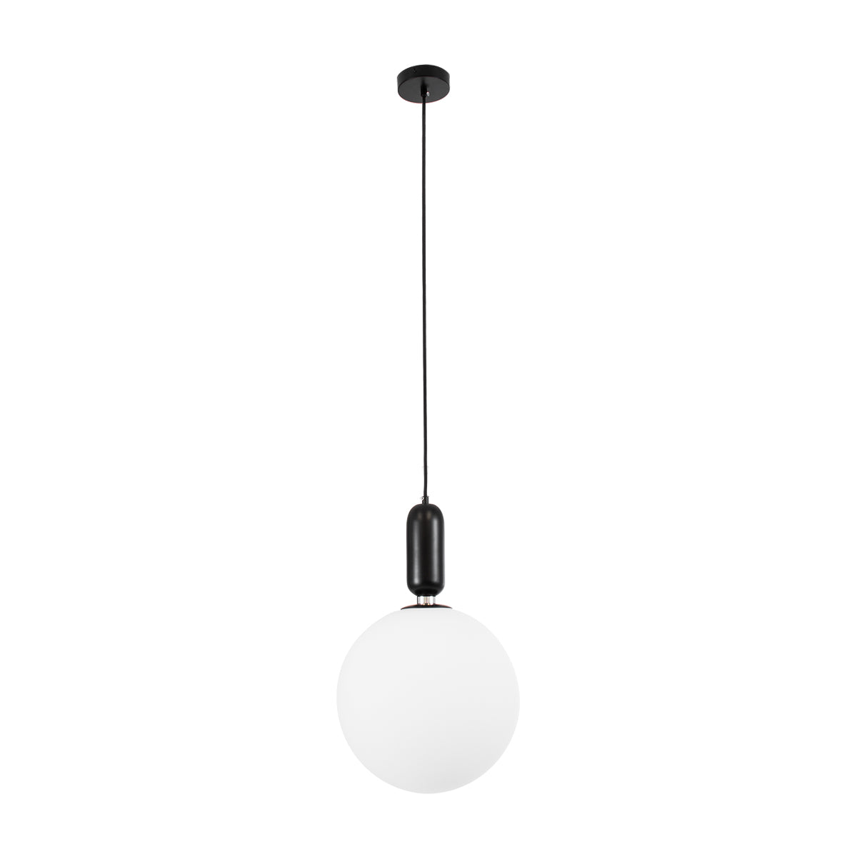 GloboStar® ESTETICO 61496 Μοντέρνο Κρεμαστό Φωτιστικό Οροφής Μονόφωτο 1 x E27 Γαλακτερή Γυάλινη Μπάλα με Μεταλλικό Μαύρο Ματ Σώμα Φ30 x Υ48cm - ledmania.gr