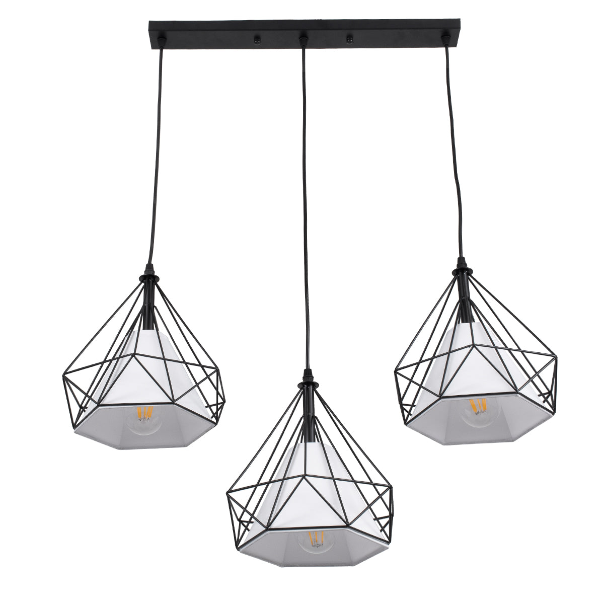 GloboStar® EIFFEL 61569 Vintage Κρεμαστό Φωτιστικό Ράγα Τρίφωτο 3 x E27 IP20 Μαύρο Μέταλλο με Λευκό Ύφασμα - Μ68 x Π25 x Υ130cm - ledmania.gr