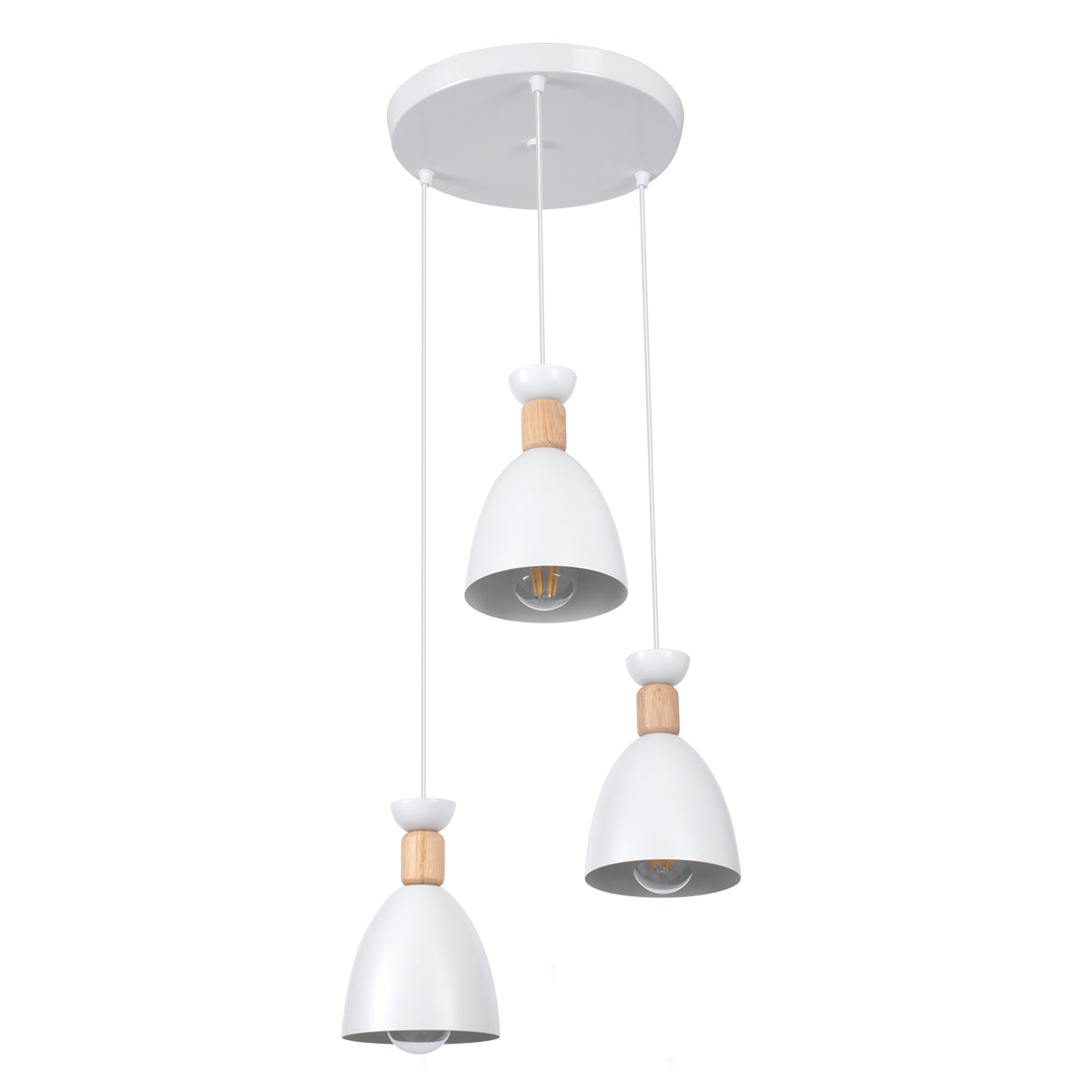 GloboStar® AVA 61573 Μοντέρνο Κρεμαστό Φωτιστικό Καμπάνα Τρίφωτο 3 x E27 IP20 Λευκό Μέταλλο με Μπεζ Ξύλο - Μ35 x Π35 x Υ130cm - ledmania.gr