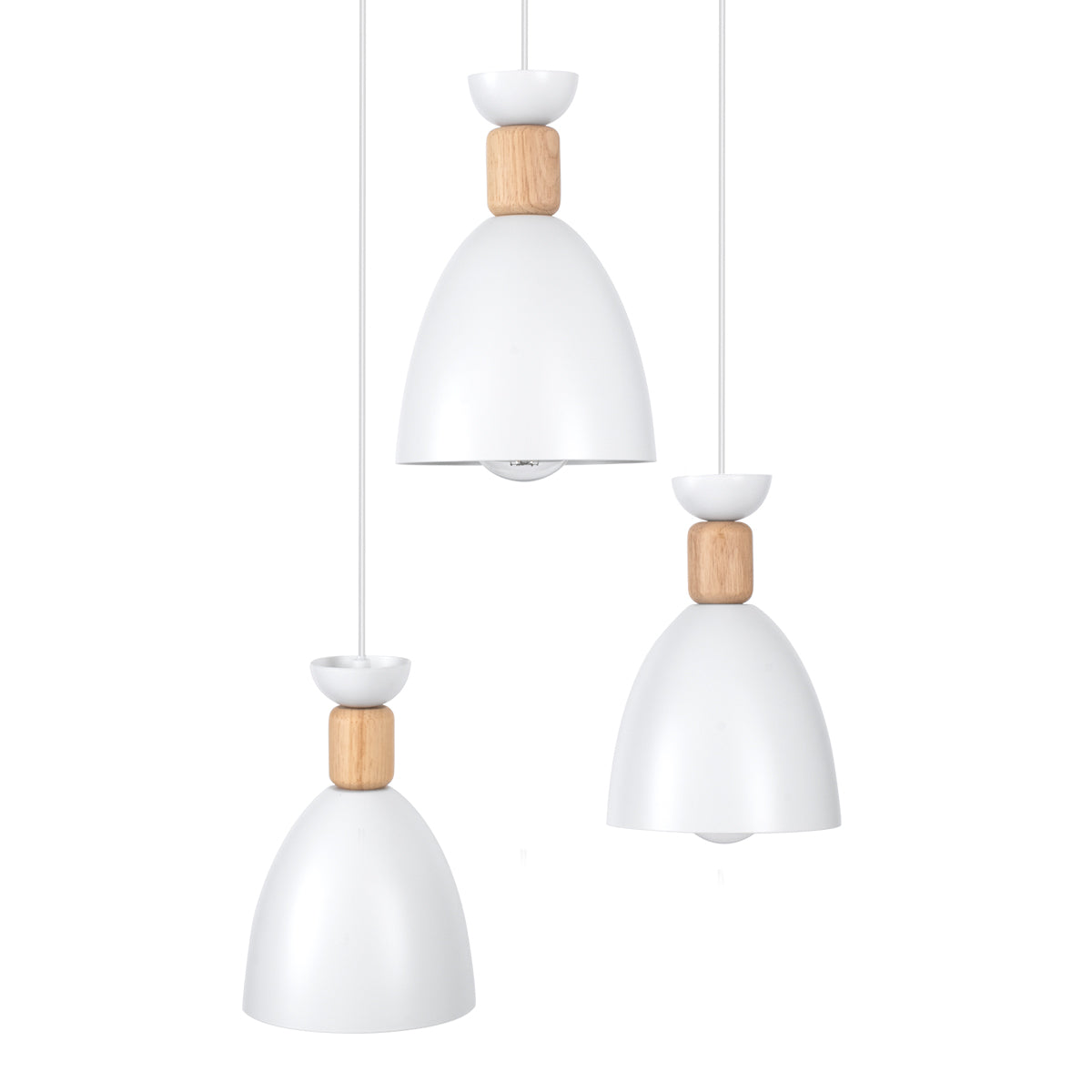 GloboStar® AVA 61573 Μοντέρνο Κρεμαστό Φωτιστικό Καμπάνα Τρίφωτο 3 x E27 IP20 Λευκό Μέταλλο με Μπεζ Ξύλο - Μ35 x Π35 x Υ130cm - ledmania.gr