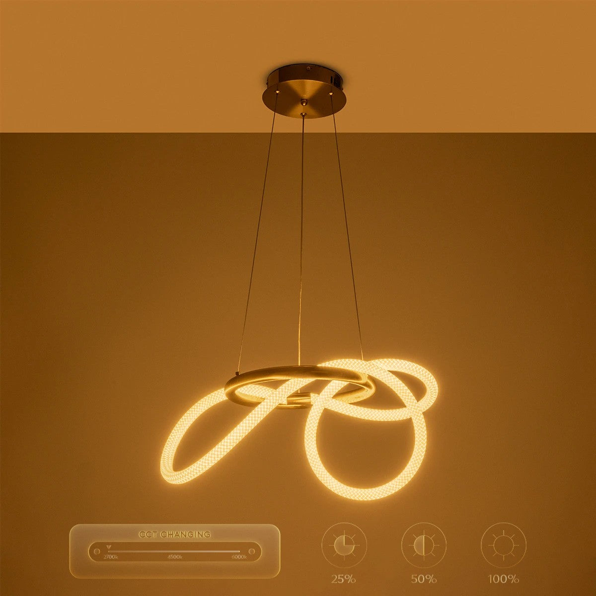 kelvo® GLOW 61657 Μοντέρνο Κρεμαστό Φωτιστικό Οροφής LED 30W 3000lm 360° AC 220-240V IP20 Ρυθμιζόμενο Λευκό CCT με Χειριστήριο από 2700K έως 6000K Dimmable - Lumileds SMD Chip - Χρυσό Πλατίνα & Λευκό Νήμα - Μ40 x Π40 x Υ35cm - 3 Χρόνια Εγγύηση - ledmania.gr