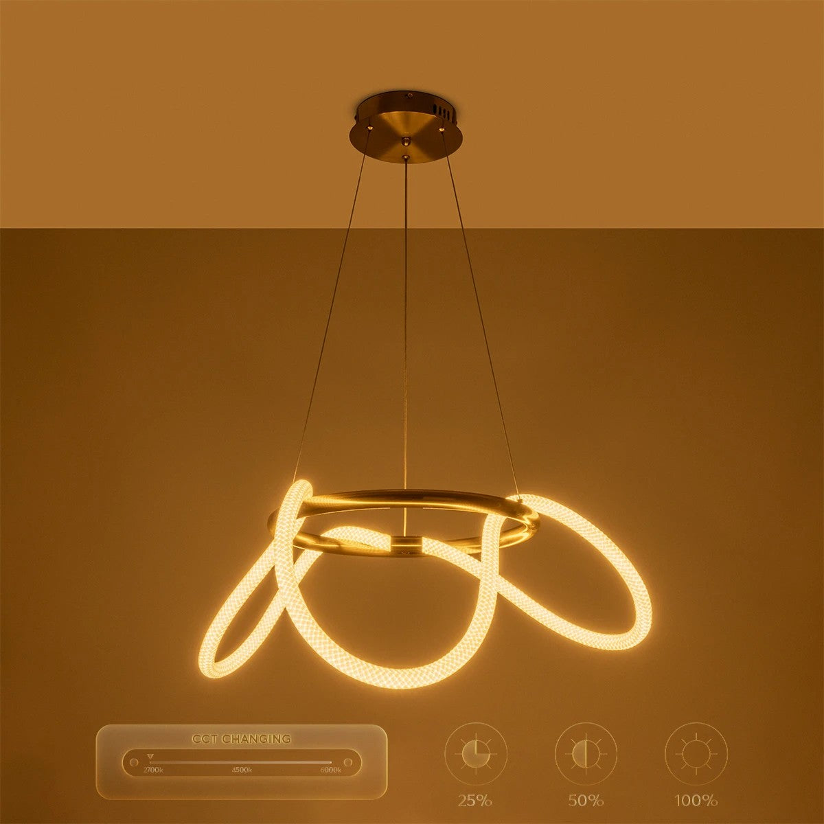 kelvo® GLOW 61658 Μοντέρνο Κρεμαστό Φωτιστικό Οροφής LED 36W 3600lm 360° AC 220-240V IP20 Ρυθμιζόμενο Λευκό CCT με Χειριστήριο από 2700K έως 6000K Dimmable - Lumileds SMD Chip - Χρυσό Πλατίνα & Λευκό Νήμα - Μ60 x Π60 x Υ45cm - 3 Χρόνια Εγγύηση - ledmania.gr