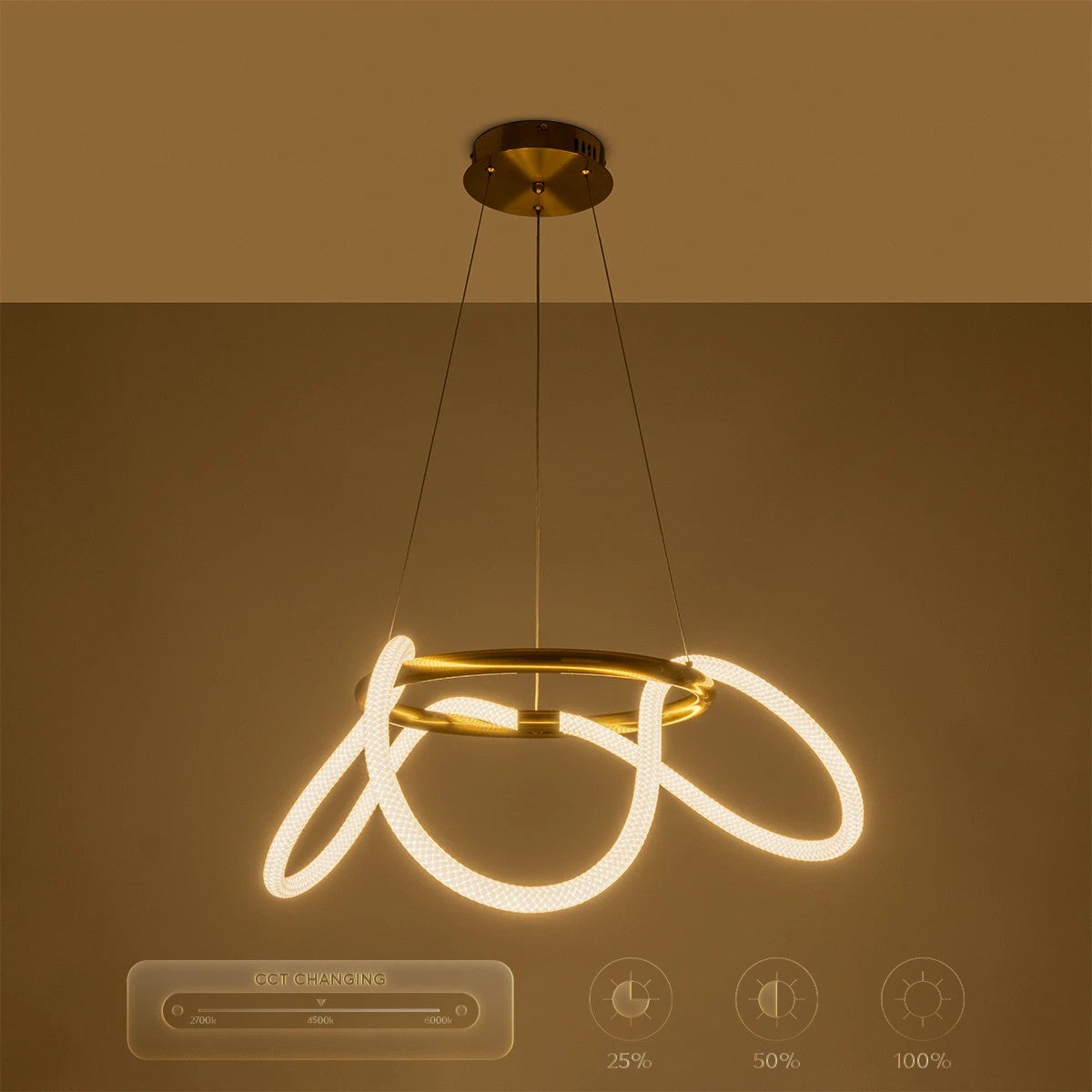 kelvo® GLOW 61658 Μοντέρνο Κρεμαστό Φωτιστικό Οροφής LED 36W 3600lm 360° AC 220-240V IP20 Ρυθμιζόμενο Λευκό CCT με Χειριστήριο από 2700K έως 6000K Dimmable - Lumileds SMD Chip - Χρυσό Πλατίνα & Λευκό Νήμα - Μ60 x Π60 x Υ45cm - 3 Χρόνια Εγγύηση - ledmania.gr