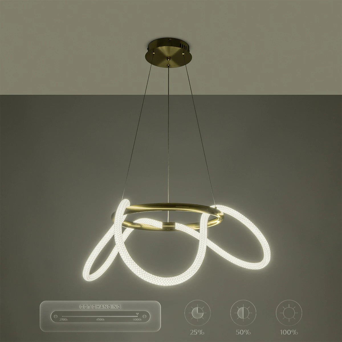 kelvo® GLOW 61658 Μοντέρνο Κρεμαστό Φωτιστικό Οροφής LED 36W 3600lm 360° AC 220-240V IP20 Ρυθμιζόμενο Λευκό CCT με Χειριστήριο από 2700K έως 6000K Dimmable - Lumileds SMD Chip - Χρυσό Πλατίνα & Λευκό Νήμα - Μ60 x Π60 x Υ45cm - 3 Χρόνια Εγγύηση - ledmania.gr