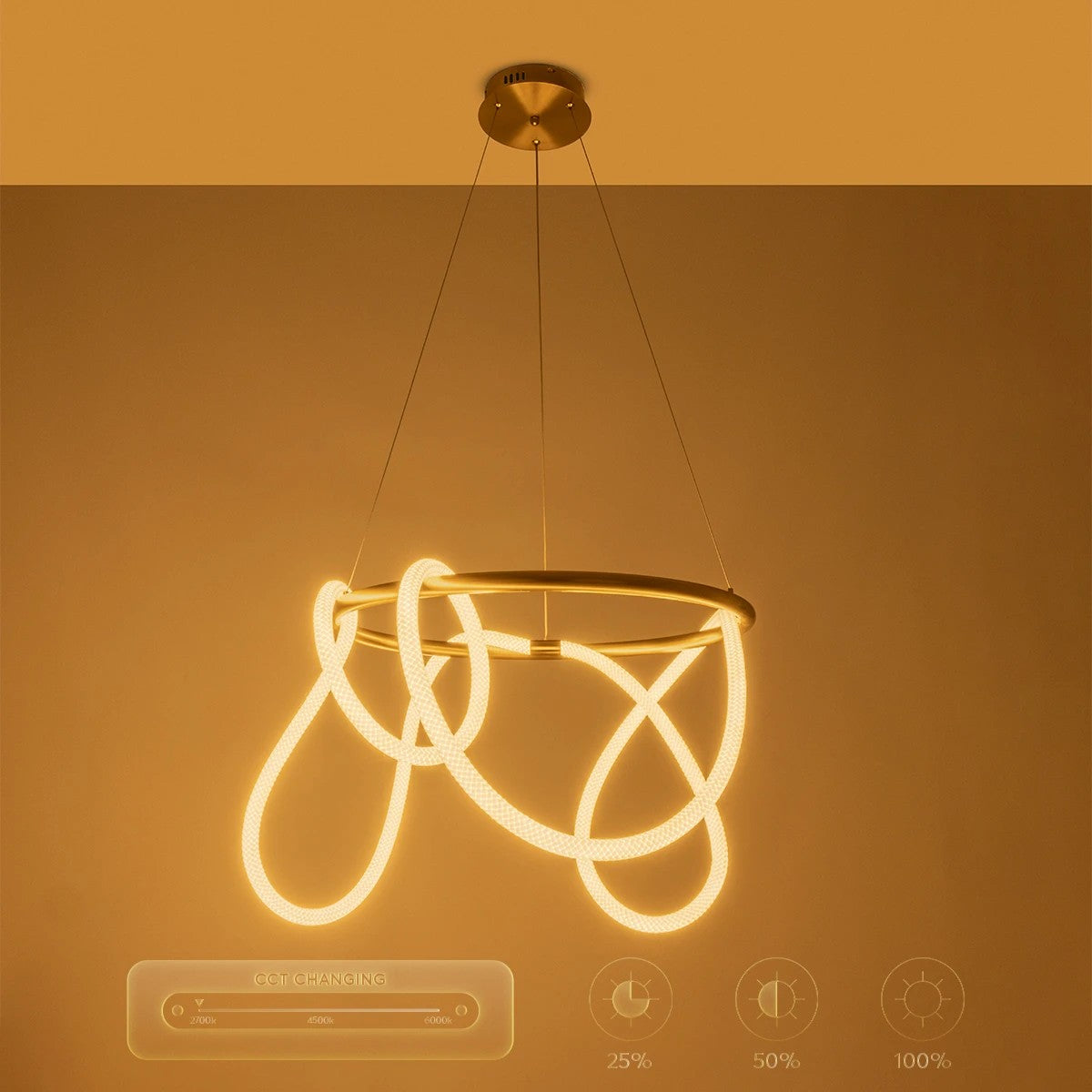 kelvo® GLOW 61659 Μοντέρνο Κρεμαστό Φωτιστικό Οροφής LED 58W 5800lm 360° AC 220-240V IP20 Ρυθμιζόμενο Λευκό CCT με Χειριστήριο από 2700K έως 6000K Dimmable - Lumileds SMD Chip - Χρυσό Πλατίνα & Λευκό Νήμα - Μ80 x Π80 x Υ60cm - 3 Χρόνια Εγγύηση - ledmania.gr