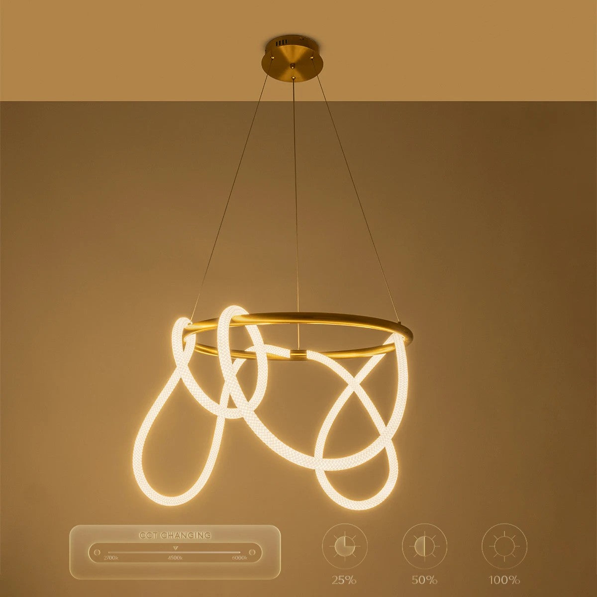 kelvo® GLOW 61659 Μοντέρνο Κρεμαστό Φωτιστικό Οροφής LED 58W 5800lm 360° AC 220-240V IP20 Ρυθμιζόμενο Λευκό CCT με Χειριστήριο από 2700K έως 6000K Dimmable - Lumileds SMD Chip - Χρυσό Πλατίνα & Λευκό Νήμα - Μ80 x Π80 x Υ60cm - 3 Χρόνια Εγγύηση - ledmania.gr