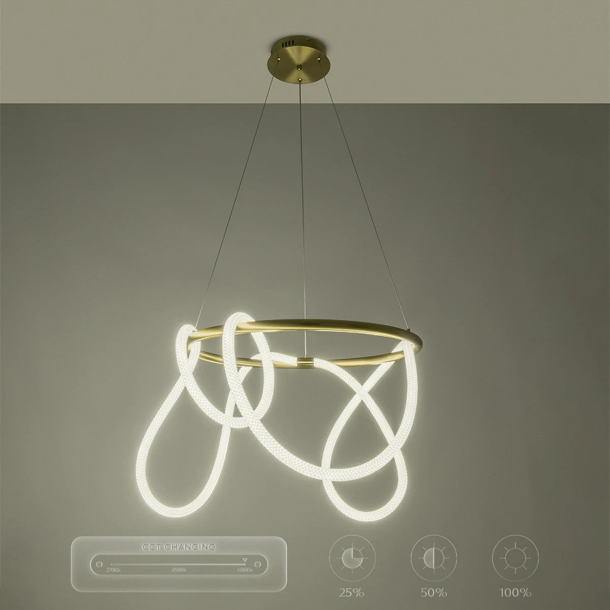 kelvo® GLOW 61659 Μοντέρνο Κρεμαστό Φωτιστικό Οροφής LED 58W 5800lm 360° AC 220-240V IP20 Ρυθμιζόμενο Λευκό CCT με Χειριστήριο από 2700K έως 6000K Dimmable - Lumileds SMD Chip - Χρυσό Πλατίνα & Λευκό Νήμα - Μ80 x Π80 x Υ60cm - 3 Χρόνια Εγγύηση - ledmania.gr
