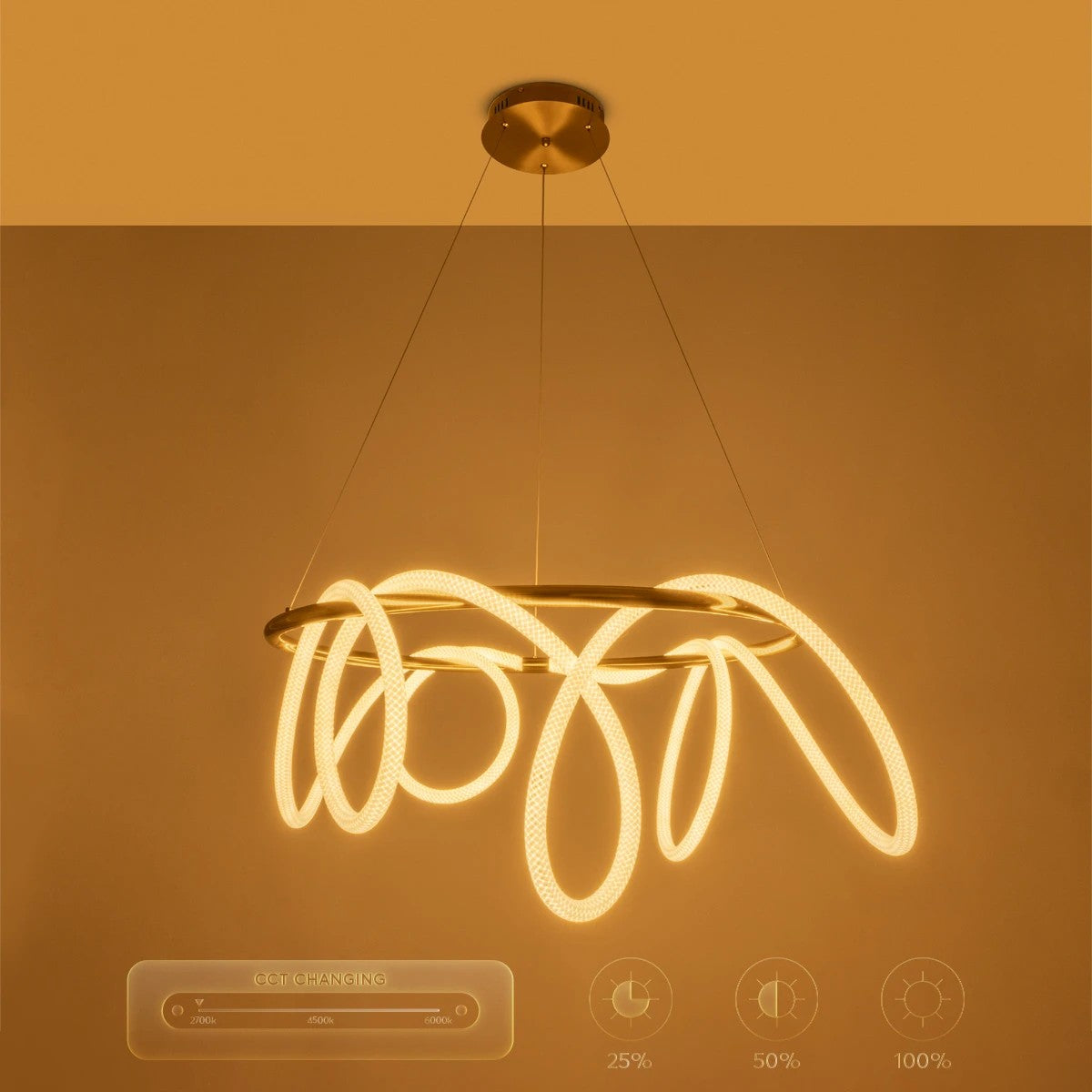 kelvo® GLOW 61660 Μοντέρνο Κρεμαστό Φωτιστικό Οροφής LED 69W 6900lm 360° AC 220-240V IP20 Ρυθμιζόμενο Λευκό CCT με Χειριστήριο από 2700K έως 6000K Dimmable - Lumileds SMD Chip - Χρυσό Πλατίνα & Λευκό Νήμα - Μ100 x Π100 x Υ70cm - 3 Χρόνια Εγγύηση - ledmania.gr
