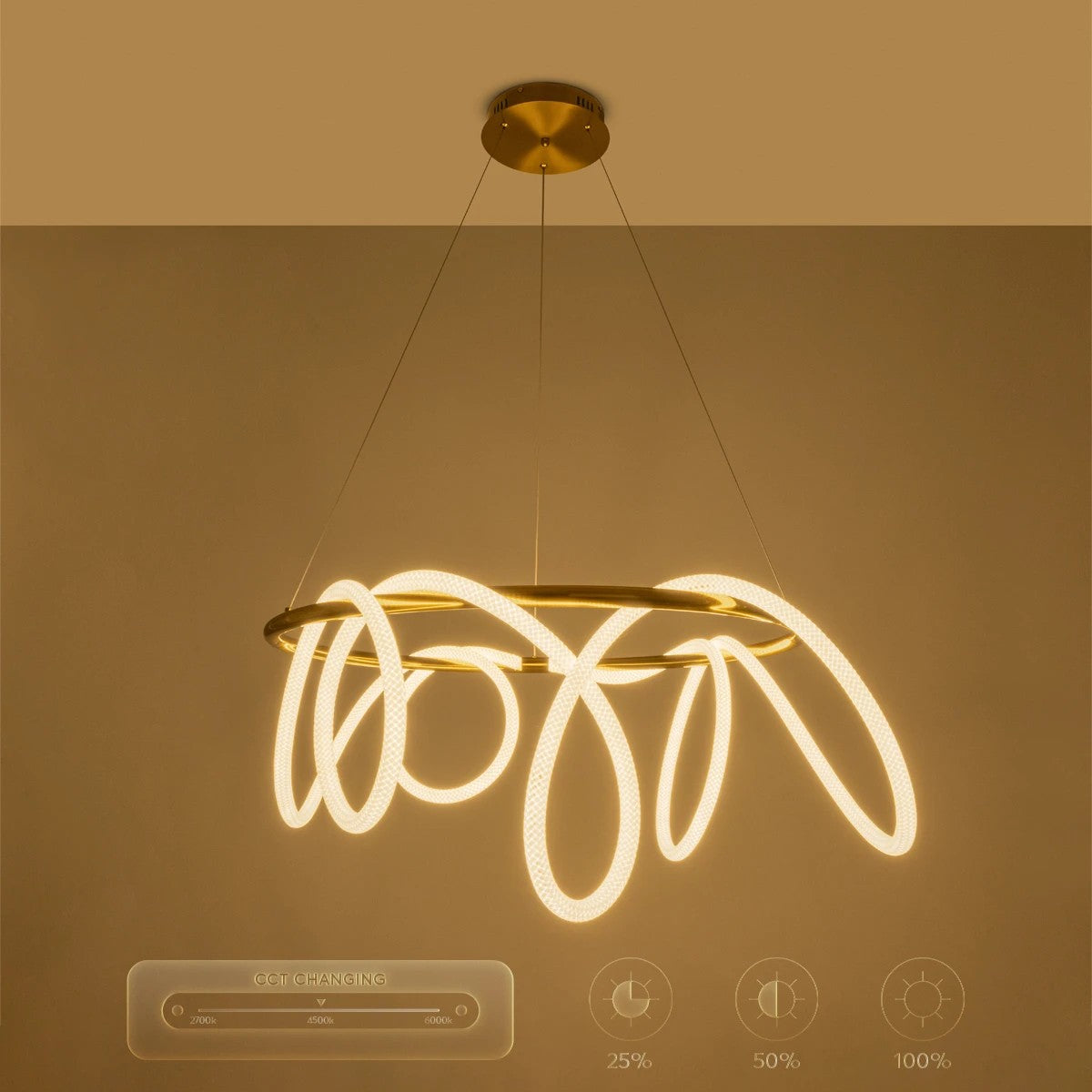 kelvo® GLOW 61660 Μοντέρνο Κρεμαστό Φωτιστικό Οροφής LED 69W 6900lm 360° AC 220-240V IP20 Ρυθμιζόμενο Λευκό CCT με Χειριστήριο από 2700K έως 6000K Dimmable - Lumileds SMD Chip - Χρυσό Πλατίνα & Λευκό Νήμα - Μ100 x Π100 x Υ70cm - 3 Χρόνια Εγγύηση - ledmania.gr