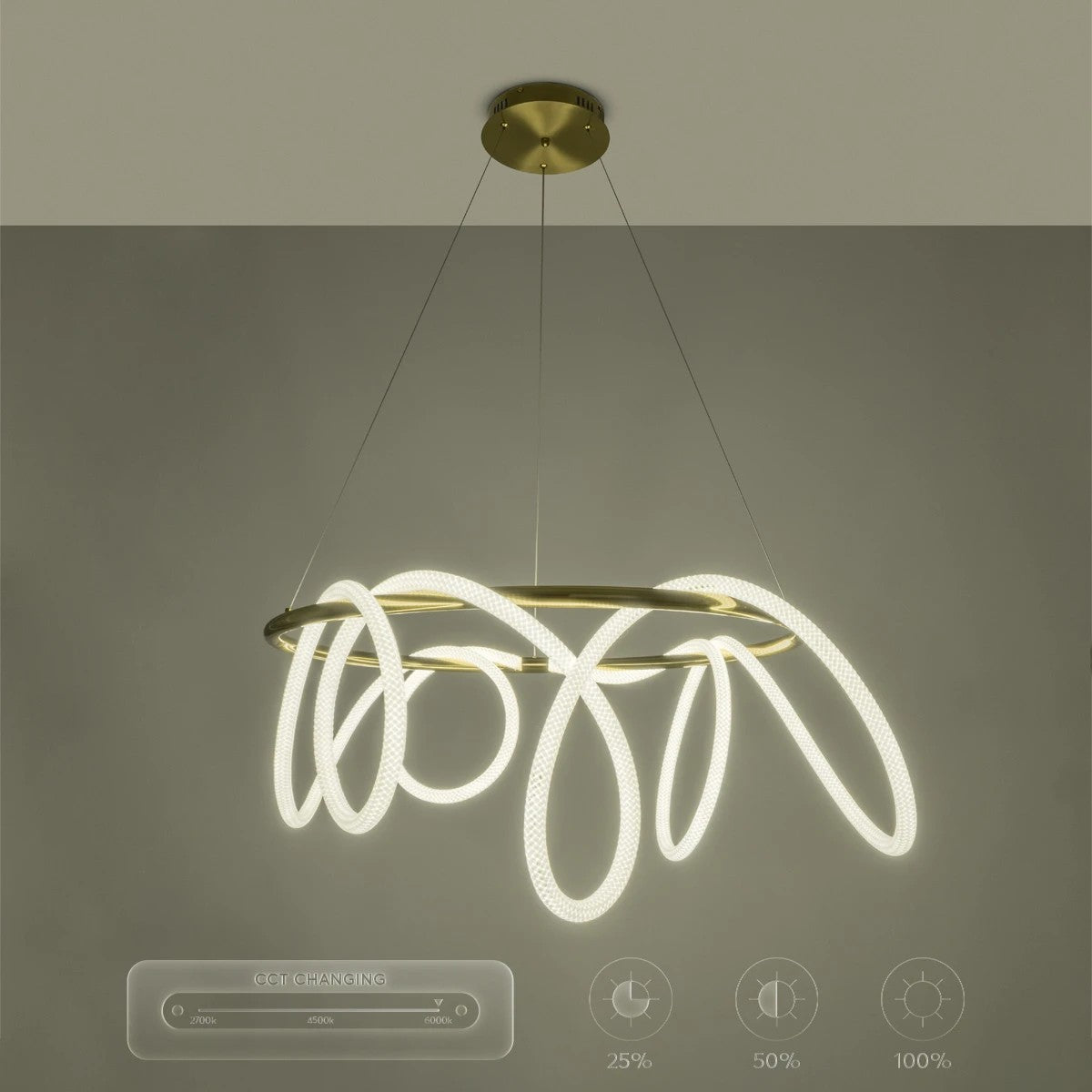 kelvo® GLOW 61660 Μοντέρνο Κρεμαστό Φωτιστικό Οροφής LED 69W 6900lm 360° AC 220-240V IP20 Ρυθμιζόμενο Λευκό CCT με Χειριστήριο από 2700K έως 6000K Dimmable - Lumileds SMD Chip - Χρυσό Πλατίνα & Λευκό Νήμα - Μ100 x Π100 x Υ70cm - 3 Χρόνια Εγγύηση - ledmania.gr