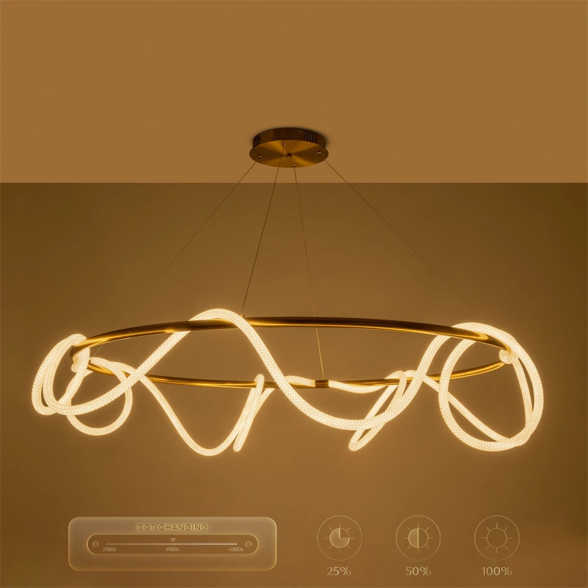 kelvo® GLOW 61661 Μοντέρνο Κρεμαστό Φωτιστικό Οροφής LED 100W 10000lm 360° AC 220-240V IP20 Ρυθμιζόμενο Λευκό CCT με Χειριστήριο από 2700K έως 6000K Dimmable - Lumileds SMD Chip - Χρυσό Πλατίνα & Λευκό Νήμα - Μ150 x Π150 x Υ100cm - 3 Χρόνια Εγγύηση - ledmania.gr