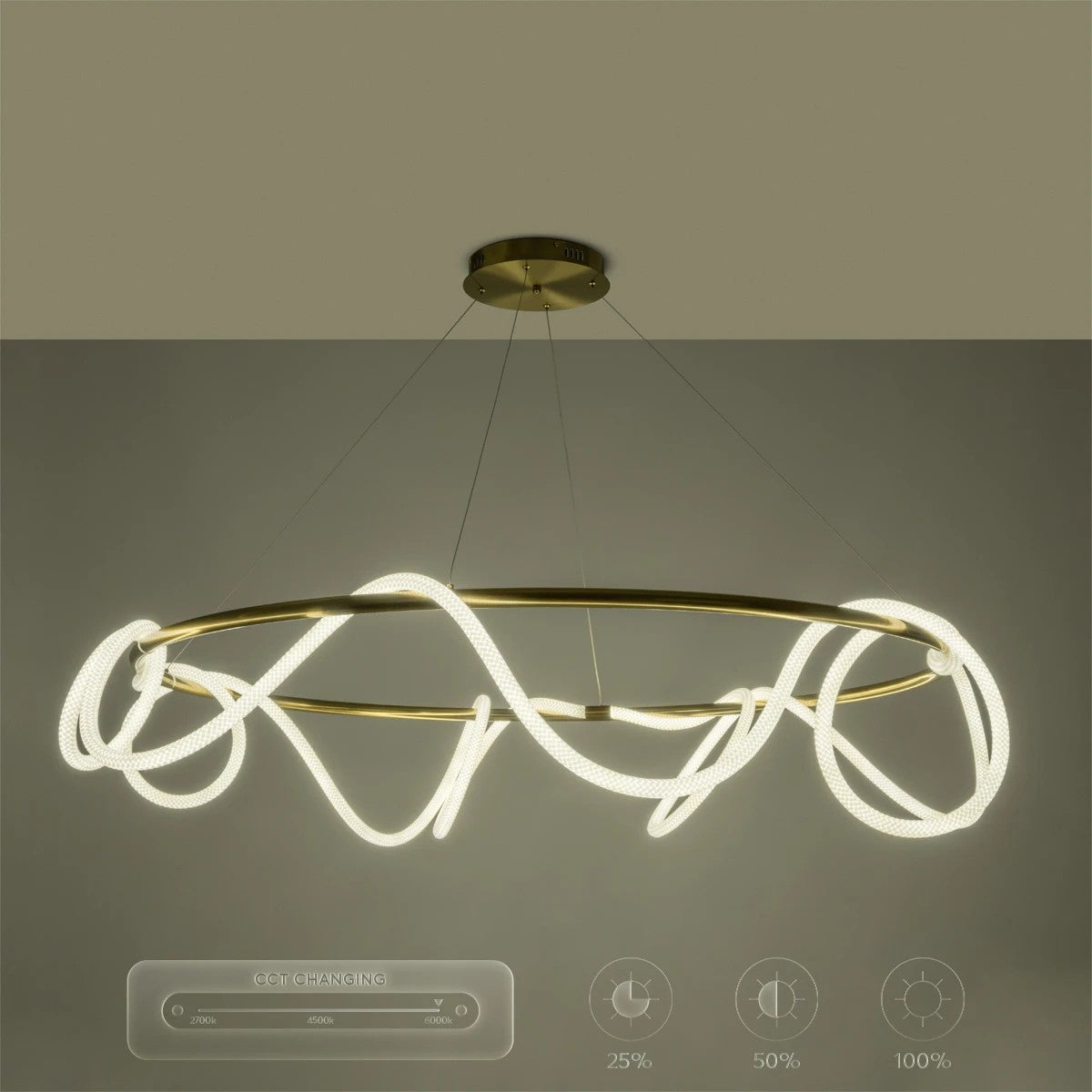 kelvo® GLOW 61661 Μοντέρνο Κρεμαστό Φωτιστικό Οροφής LED 100W 10000lm 360° AC 220-240V IP20 Ρυθμιζόμενο Λευκό CCT με Χειριστήριο από 2700K έως 6000K Dimmable - Lumileds SMD Chip - Χρυσό Πλατίνα & Λευκό Νήμα - Μ150 x Π150 x Υ100cm - 3 Χρόνια Εγγύηση - ledmania.gr