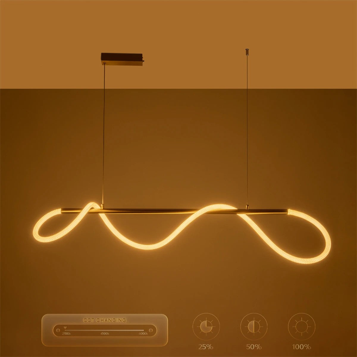 kelvo® GLOW 61662 Μοντέρνο Κρεμαστό Φωτιστικό Οροφής LED 34W 3400lm 360° AC 220-240V IP20 Ρυθμιζόμενο Λευκό CCT με Χειριστήριο από 2700K έως 6000K Dimmable - Lumileds SMD Chip - Χρυσό Πλατίνα & Λευκό Νήμα - Μ120 x Π35 x Υ50cm - 3 Χρόνια Εγγύηση - ledmania.gr