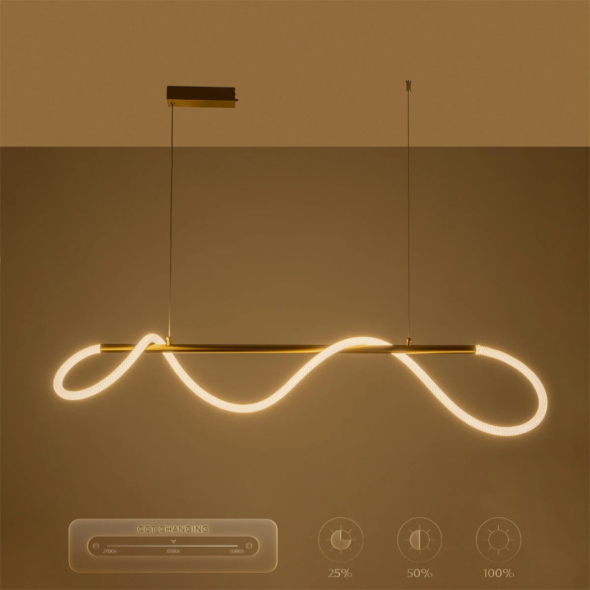 kelvo® GLOW 61662 Μοντέρνο Κρεμαστό Φωτιστικό Οροφής LED 34W 3400lm 360° AC 220-240V IP20 Ρυθμιζόμενο Λευκό CCT με Χειριστήριο από 2700K έως 6000K Dimmable - Lumileds SMD Chip - Χρυσό Πλατίνα & Λευκό Νήμα - Μ120 x Π35 x Υ50cm - 3 Χρόνια Εγγύηση - ledmania.gr