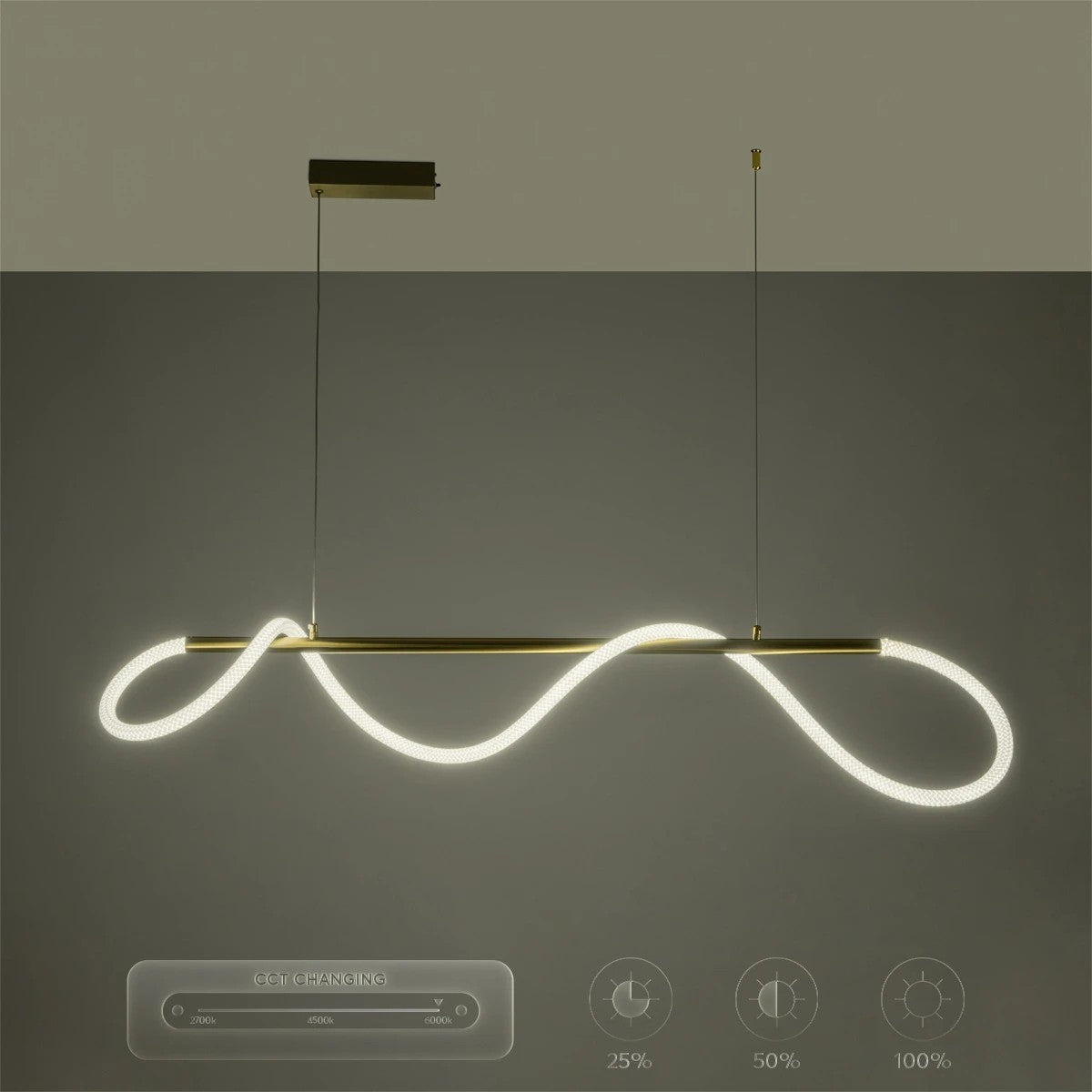 kelvo® GLOW 61662 Μοντέρνο Κρεμαστό Φωτιστικό Οροφής LED 34W 3400lm 360° AC 220-240V IP20 Ρυθμιζόμενο Λευκό CCT με Χειριστήριο από 2700K έως 6000K Dimmable - Lumileds SMD Chip - Χρυσό Πλατίνα & Λευκό Νήμα - Μ120 x Π35 x Υ50cm - 3 Χρόνια Εγγύηση - ledmania.gr