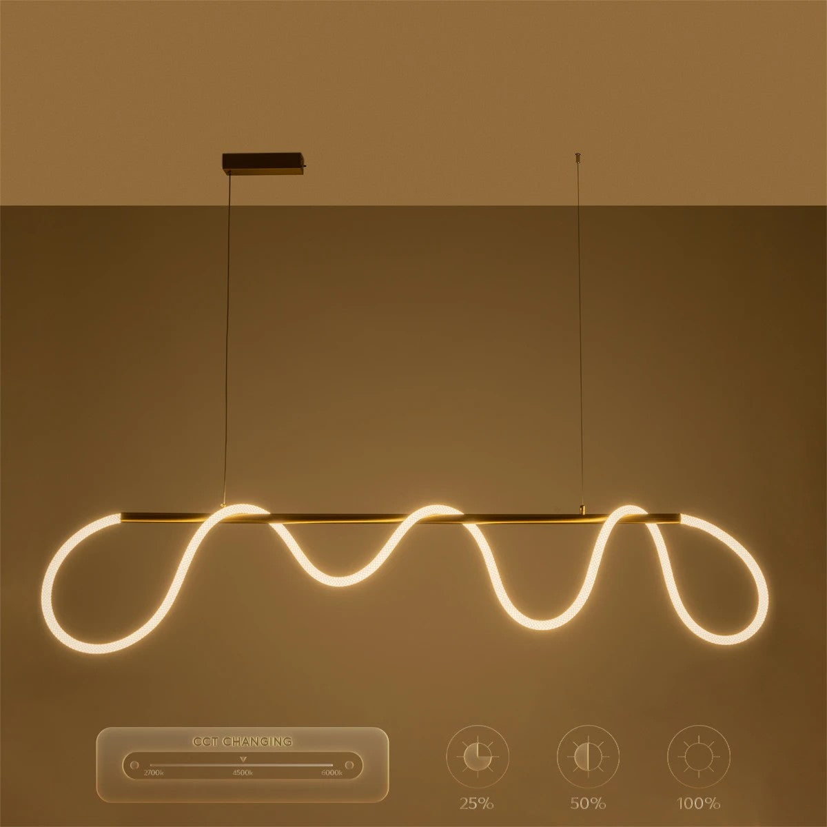 kelvo® GLOW 61663 Μοντέρνο Κρεμαστό Φωτιστικό Οροφής LED 45W 4500lm 360° AC 220-240V IP20 Ρυθμιζόμενο Λευκό CCT με Χειριστήριο από 2700K έως 6000K Dimmable - Lumileds SMD Chip - Χρυσό Πλατίνα & Λευκό Νήμα - Μ150 x Π35 x Υ50cm - 3 Χρόνια Εγγύηση - ledmania.gr