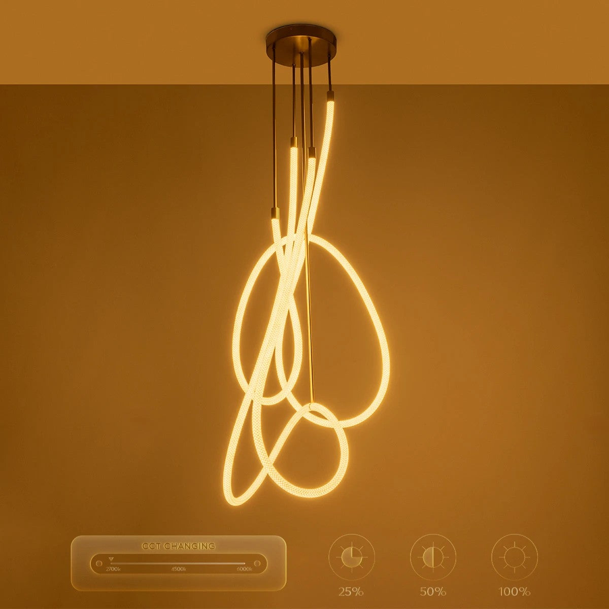 kelvo® GLOW 61671 Μοντέρνο Φωτιστικό Οροφής LED 85W 8500lm 360° AC 220-240V IP20 Ρυθμιζόμενο Λευκό CCT με Χειριστήριο από 2700K έως 6000K Dimmable - Lumileds SMD Chip - Χρυσό Πλατίνα & Λευκό Νήμα - Μ100 x Π100 x Υ140cm - 3 Χρόνια Εγγύηση - ledmania.gr