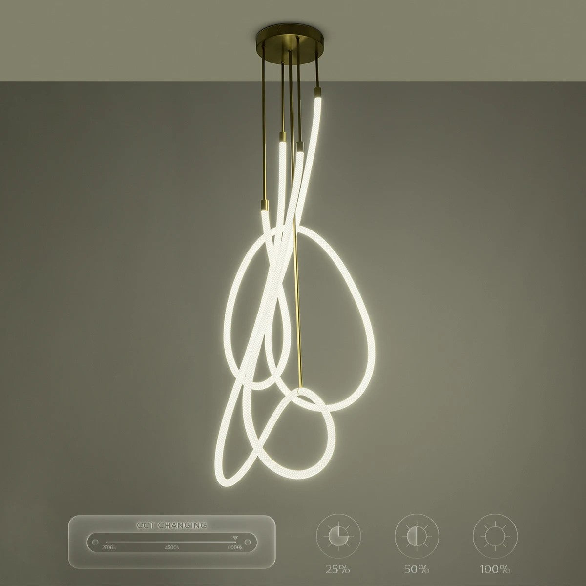 kelvo® GLOW 61671 Μοντέρνο Φωτιστικό Οροφής LED 85W 8500lm 360° AC 220-240V IP20 Ρυθμιζόμενο Λευκό CCT με Χειριστήριο από 2700K έως 6000K Dimmable - Lumileds SMD Chip - Χρυσό Πλατίνα & Λευκό Νήμα - Μ100 x Π100 x Υ140cm - 3 Χρόνια Εγγύηση - ledmania.gr