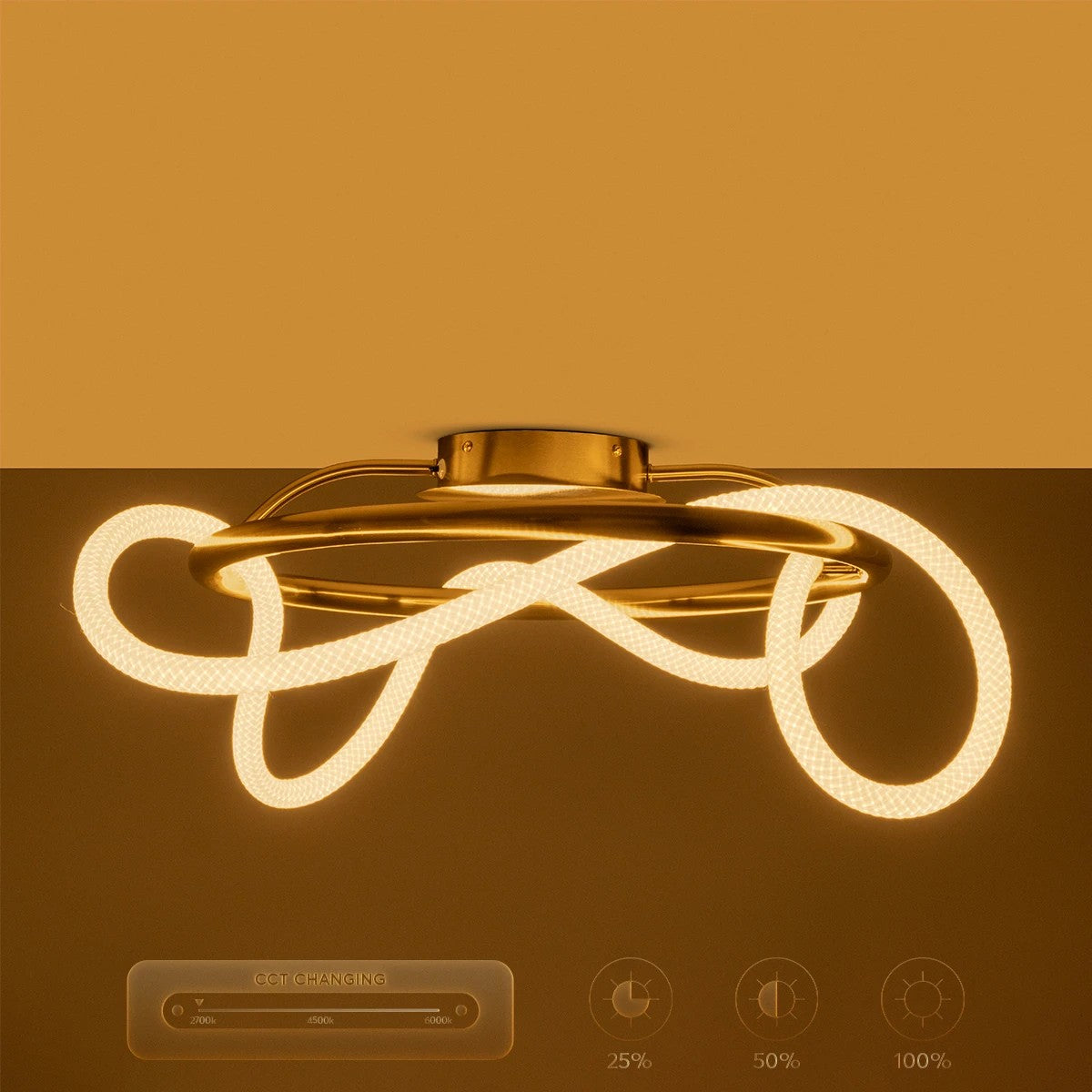 kelvo® GLOW 61673 Μοντέρνο Φωτιστικό Οροφής LED 34W 3400lm 360° AC 220-240V IP20 Ρυθμιζόμενο Λευκό CCT με Χειριστήριο από 2700K έως 6000K Dimmable - Lumileds SMD Chip - Χρυσό Πλατίνα & Λευκό Νήμα - Μ60 x Π60 x Υ30cm - 3 Χρόνια Εγγύηση - ledmania.gr