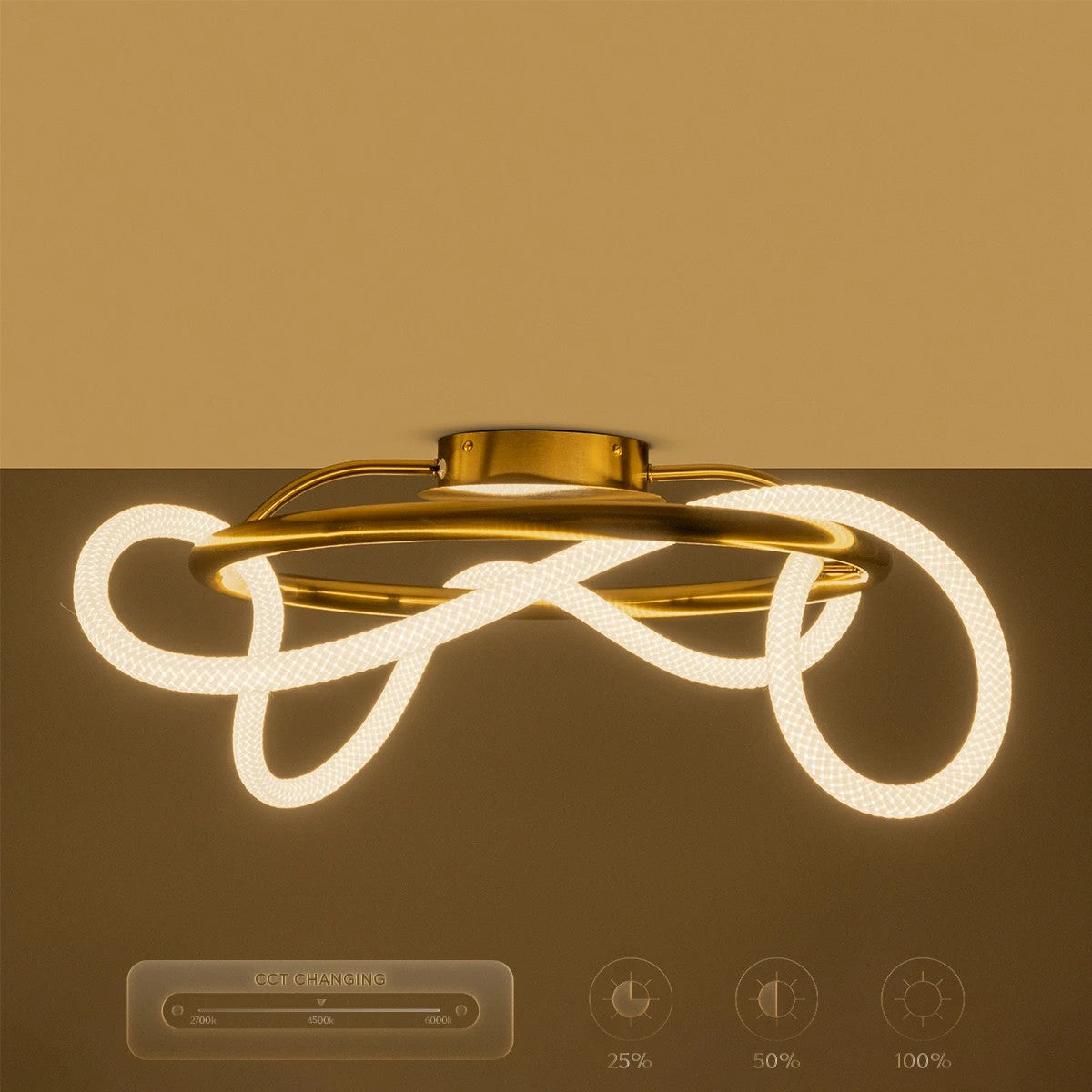 kelvo® GLOW 61673 Μοντέρνο Φωτιστικό Οροφής LED 34W 3400lm 360° AC 220-240V IP20 Ρυθμιζόμενο Λευκό CCT με Χειριστήριο από 2700K έως 6000K Dimmable - Lumileds SMD Chip - Χρυσό Πλατίνα & Λευκό Νήμα - Μ60 x Π60 x Υ30cm - 3 Χρόνια Εγγύηση - ledmania.gr