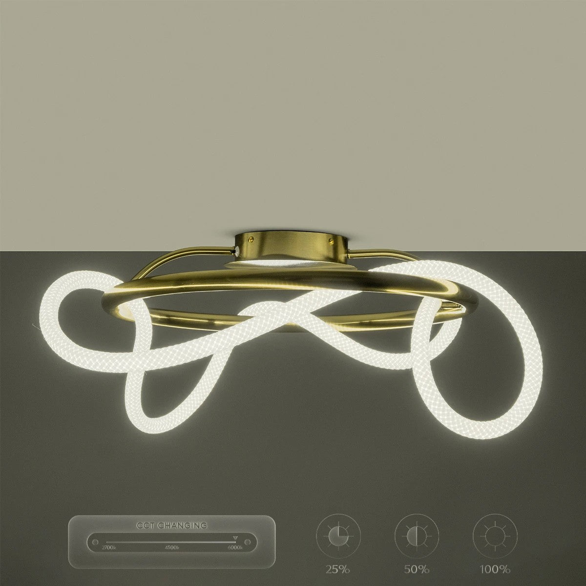 kelvo® GLOW 61673 Μοντέρνο Φωτιστικό Οροφής LED 34W 3400lm 360° AC 220-240V IP20 Ρυθμιζόμενο Λευκό CCT με Χειριστήριο από 2700K έως 6000K Dimmable - Lumileds SMD Chip - Χρυσό Πλατίνα & Λευκό Νήμα - Μ60 x Π60 x Υ30cm - 3 Χρόνια Εγγύηση - ledmania.gr