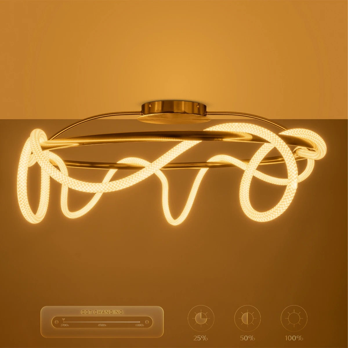 kelvo® GLOW 61674 Μοντέρνο Φωτιστικό Οροφής LED 65W 6500lm 360° AC 220-240V IP20 Ρυθμιζόμενο Λευκό CCT με Χειριστήριο από 2700K έως 6000K Dimmable - Lumileds SMD Chip - Χρυσό Πλατίνα & Λευκό Νήμα - Μ100 x Π100 x Υ30cm - 3 Χρόνια Εγγύηση - ledmania.gr