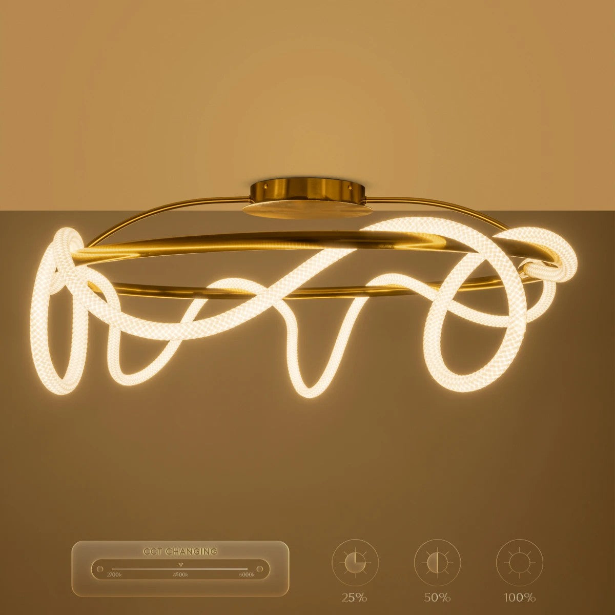 kelvo® GLOW 61674 Μοντέρνο Φωτιστικό Οροφής LED 65W 6500lm 360° AC 220-240V IP20 Ρυθμιζόμενο Λευκό CCT με Χειριστήριο από 2700K έως 6000K Dimmable - Lumileds SMD Chip - Χρυσό Πλατίνα & Λευκό Νήμα - Μ100 x Π100 x Υ30cm - 3 Χρόνια Εγγύηση - ledmania.gr
