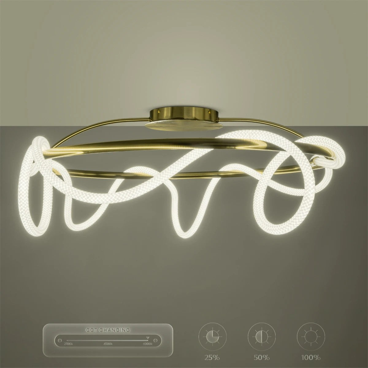 kelvo® GLOW 61674 Μοντέρνο Φωτιστικό Οροφής LED 65W 6500lm 360° AC 220-240V IP20 Ρυθμιζόμενο Λευκό CCT με Χειριστήριο από 2700K έως 6000K Dimmable - Lumileds SMD Chip - Χρυσό Πλατίνα & Λευκό Νήμα - Μ100 x Π100 x Υ30cm - 3 Χρόνια Εγγύηση - ledmania.gr