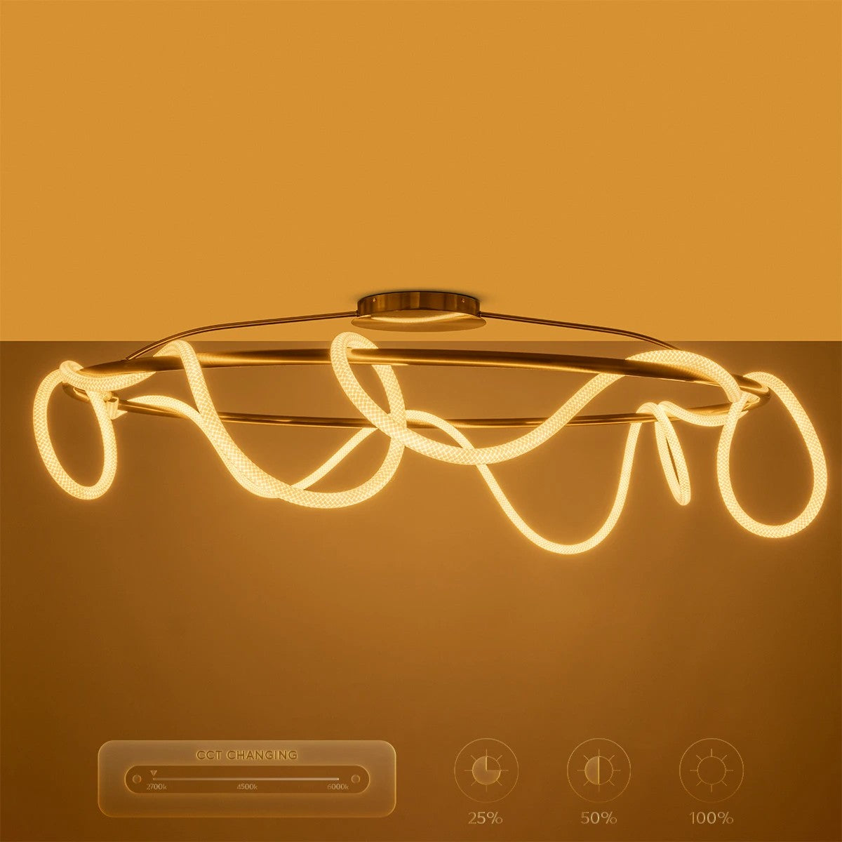 kelvo® GLOW 61675 Μοντέρνο Φωτιστικό Οροφής LED 89W 8900lm 360° AC 220-240V IP20 Ρυθμιζόμενο Λευκό CCT με Χειριστήριο από 2700K έως 6000K Dimmable - Lumileds SMD Chip - Χρυσό Πλατίνα & Λευκό Νήμα - Μ150 x Π150 x Υ30cm - 3 Χρόνια Εγγύηση - ledmania.gr