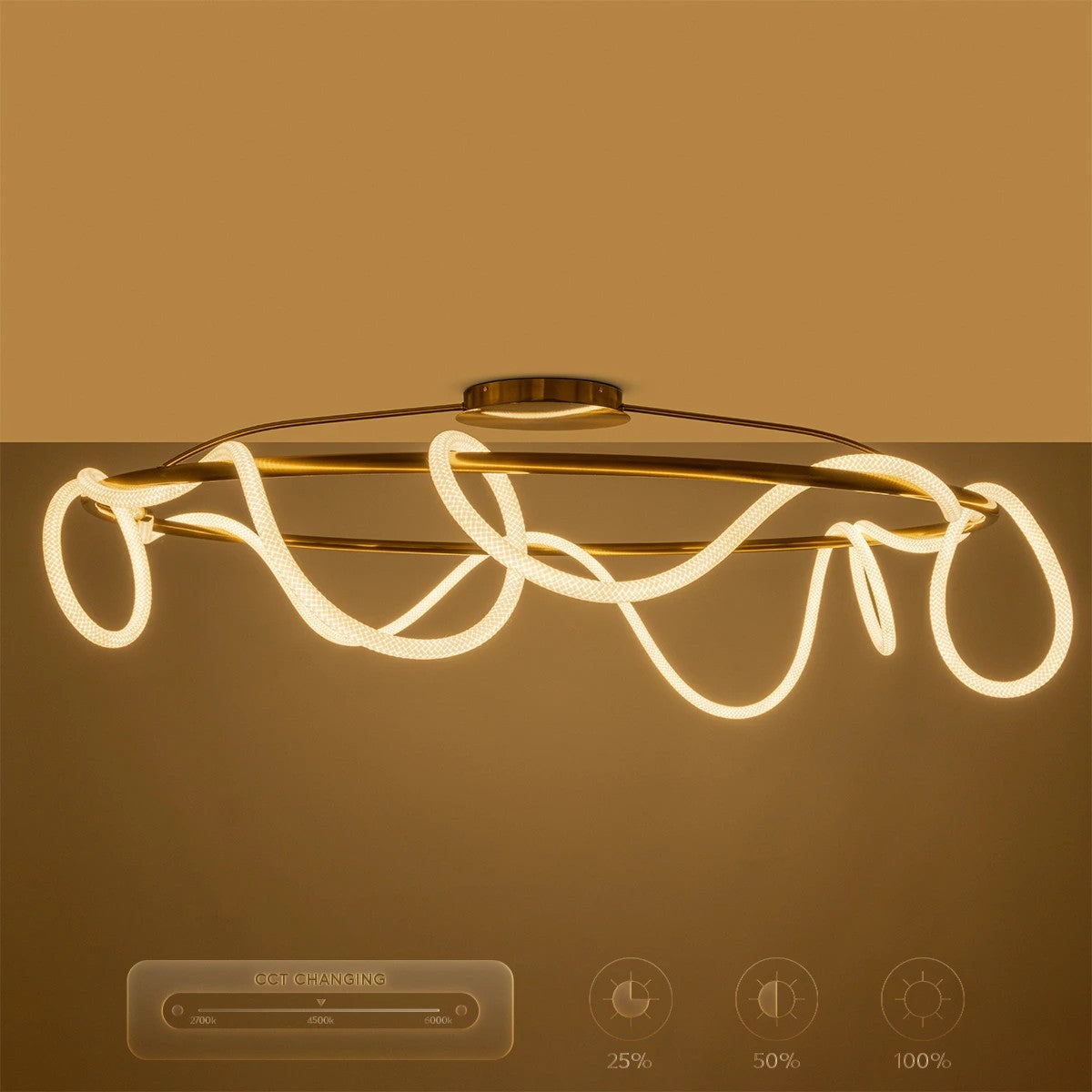 kelvo® GLOW 61675 Μοντέρνο Φωτιστικό Οροφής LED 89W 8900lm 360° AC 220-240V IP20 Ρυθμιζόμενο Λευκό CCT με Χειριστήριο από 2700K έως 6000K Dimmable - Lumileds SMD Chip - Χρυσό Πλατίνα & Λευκό Νήμα - Μ150 x Π150 x Υ30cm - 3 Χρόνια Εγγύηση - ledmania.gr