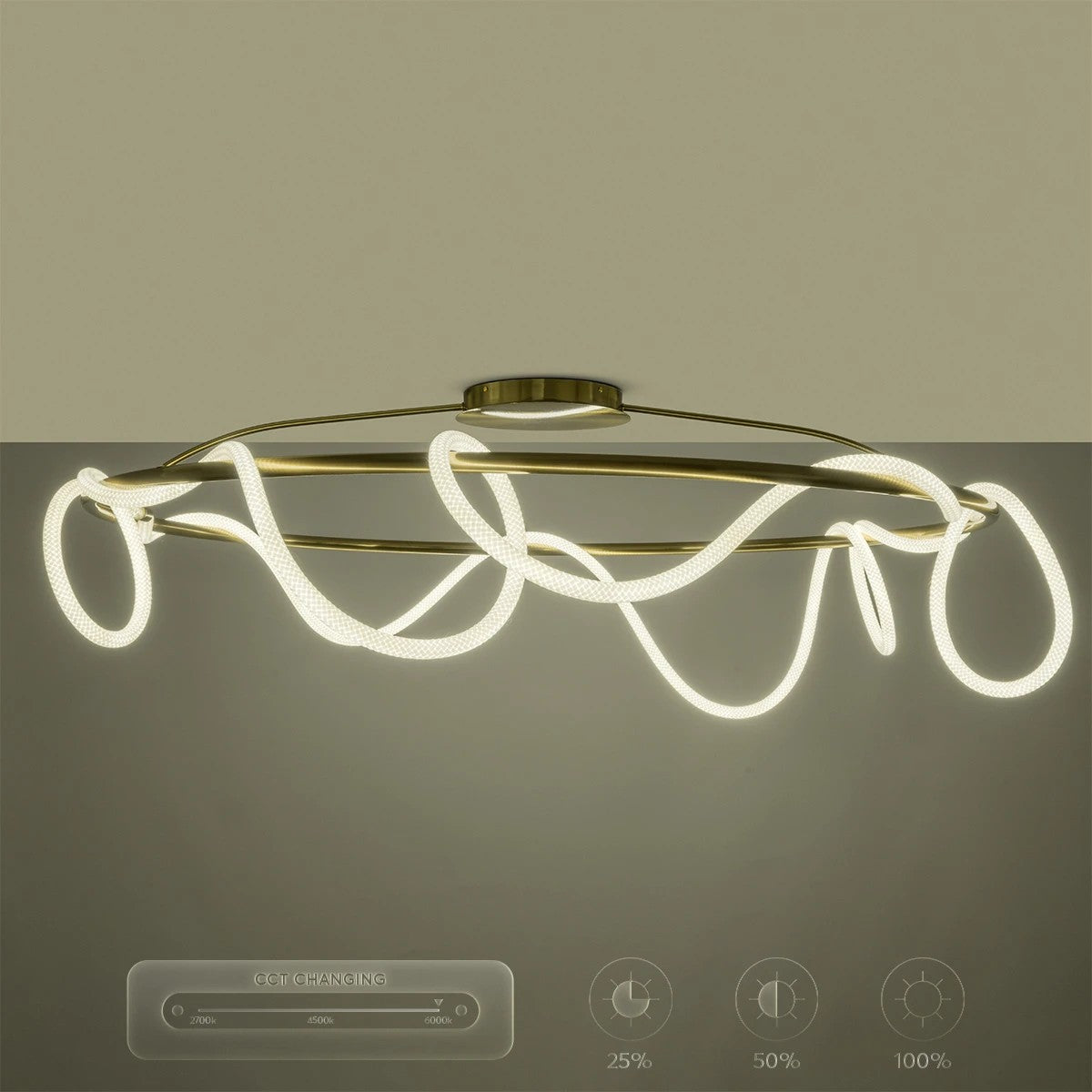 kelvo® GLOW 61675 Μοντέρνο Φωτιστικό Οροφής LED 89W 8900lm 360° AC 220-240V IP20 Ρυθμιζόμενο Λευκό CCT με Χειριστήριο από 2700K έως 6000K Dimmable - Lumileds SMD Chip - Χρυσό Πλατίνα & Λευκό Νήμα - Μ150 x Π150 x Υ30cm - 3 Χρόνια Εγγύηση - ledmania.gr