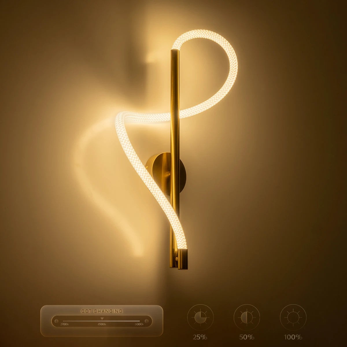 kelvo® GLOW 61682 Μοντέρνο Φωτιστικό Τοίχου - Απλίκα LED 24W 2400lm 360° AC 220-240V IP20 Ρυθμιζόμενο Λευκό CCT με On/Off 2700K/4500K/6000K - Lumileds SMD Chip - Χρυσό Πλατίνα & Λευκό Νήμα - Μ30 x Π15 x Υ70cm - 3 Χρόνια Εγγύηση - ledmania.gr