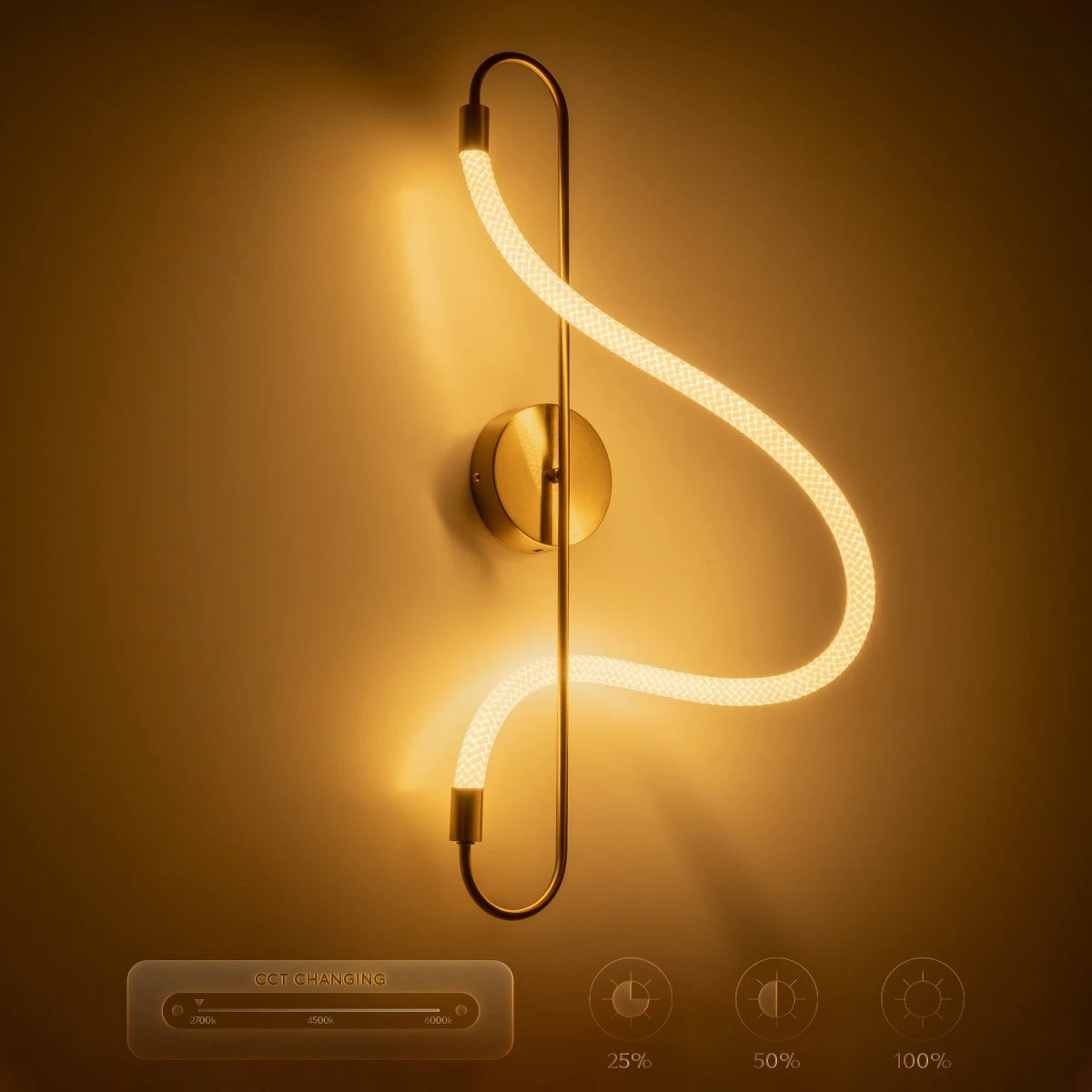 kelvo® GLOW 61683 Μοντέρνο Φωτιστικό Τοίχου - Απλίκα LED 18W 1800lm 360° AC 220-240V IP20 Ρυθμιζόμενο Λευκό CCT με On/Off 2700K/4500K/6000K - Lumileds SMD Chip - Χρυσό Πλατίνα & Λευκό Νήμα - Μ30 x Π15 x Υ70cm - 3 Χρόνια Εγγύηση - ledmania.gr